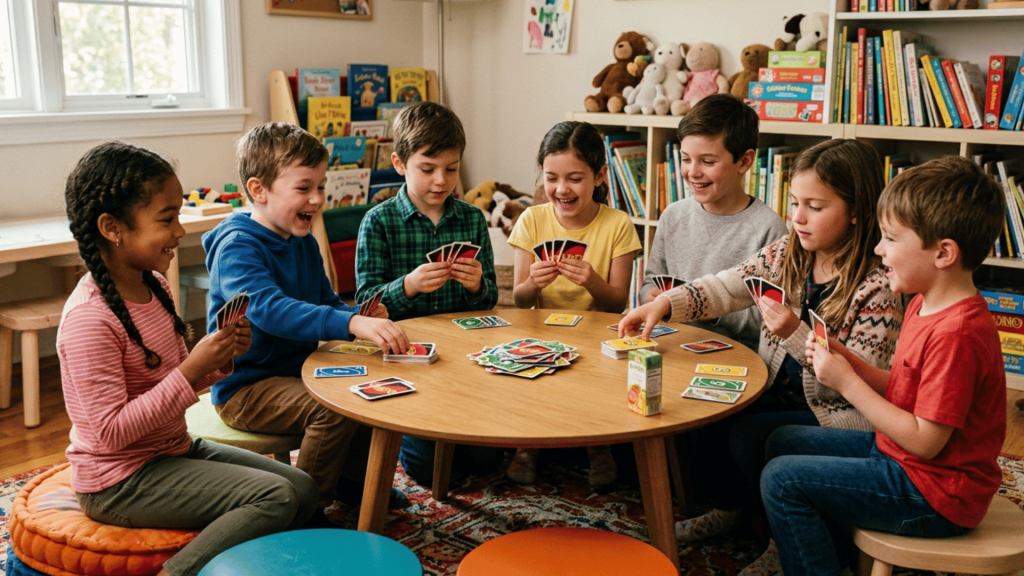 six children sitting together indoors playing a fun card game while laughing and enjoying group activity time