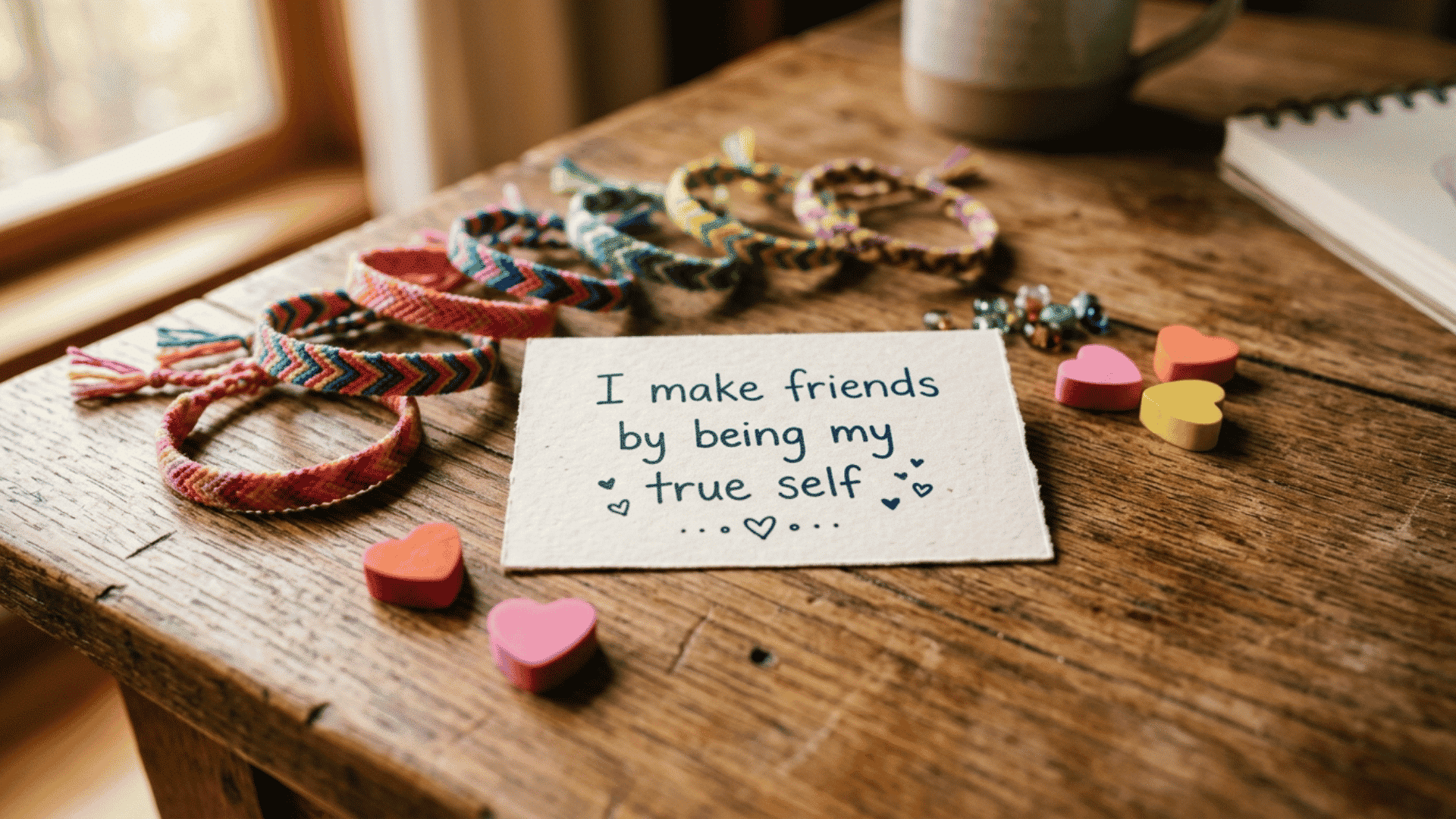 small card saying i make friends by being my true self placed on a wooden table with friendship bracelets and heart shaped erasers nearby