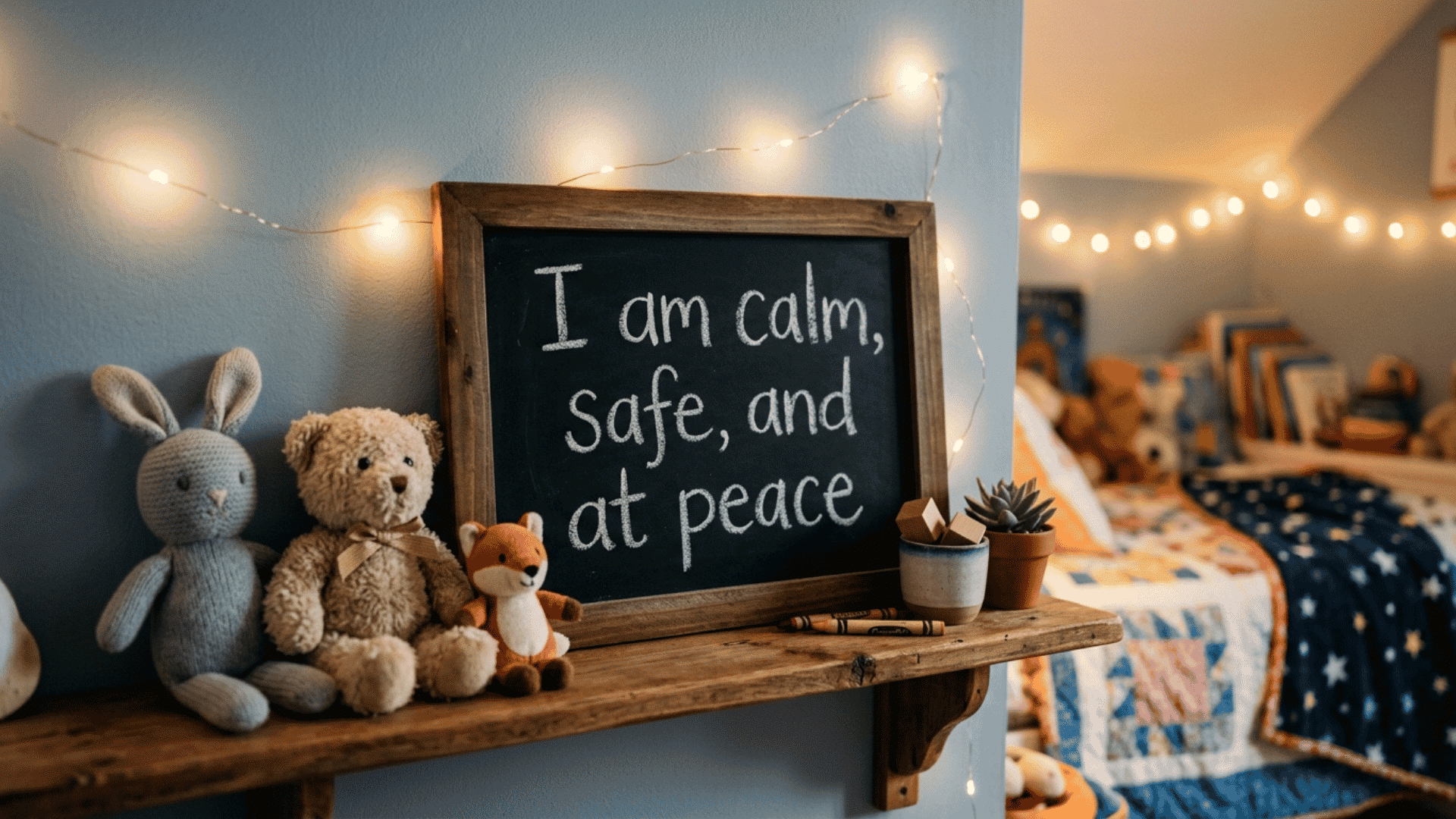 small chalkboard saying i am calm safe and at peace placed on a bedroom shelf with fairy lights and stuffed animals nearby