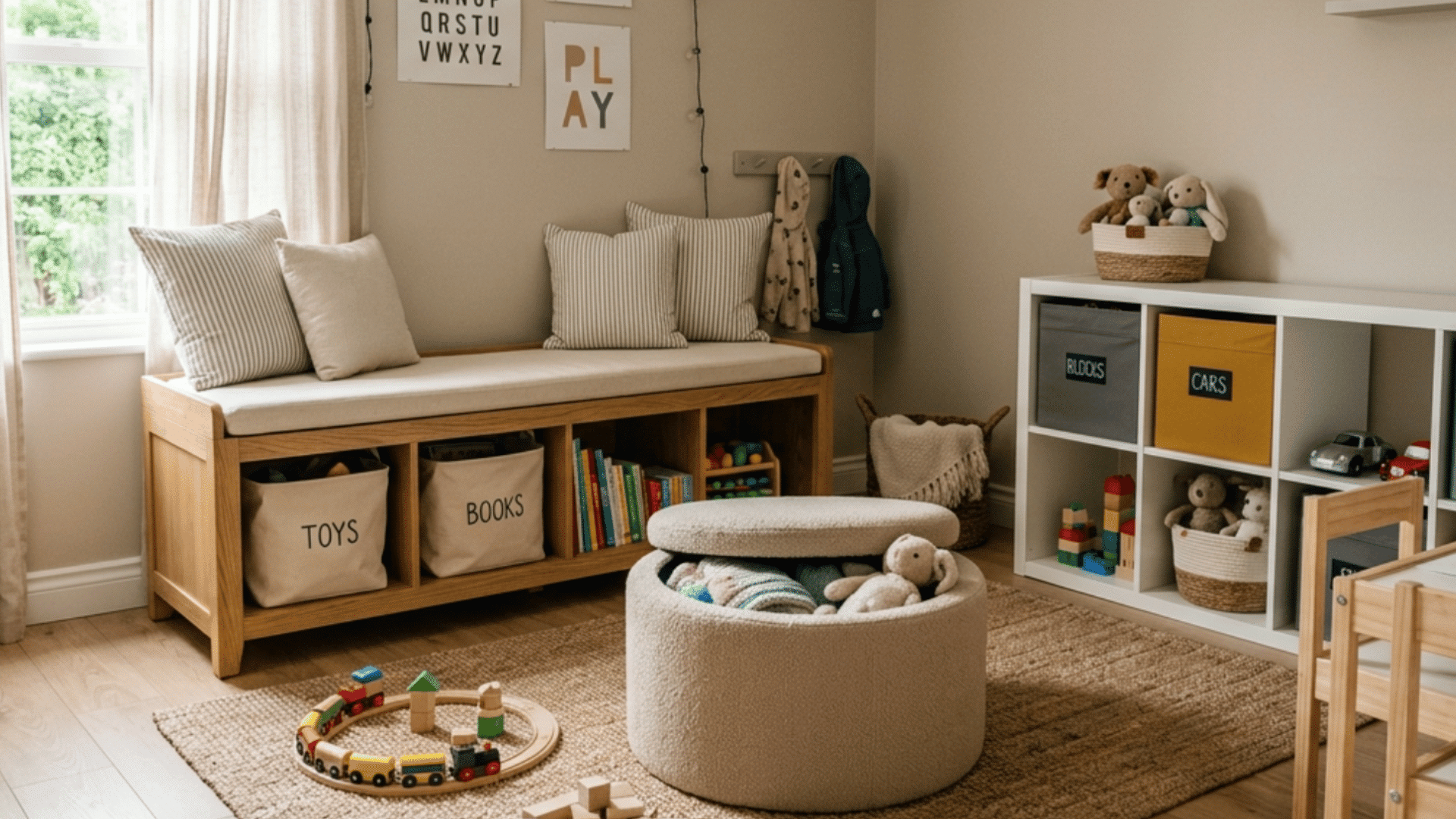 small kids playroom with storage bench, hidden ottoman space, neutral decor, and organized toy setup