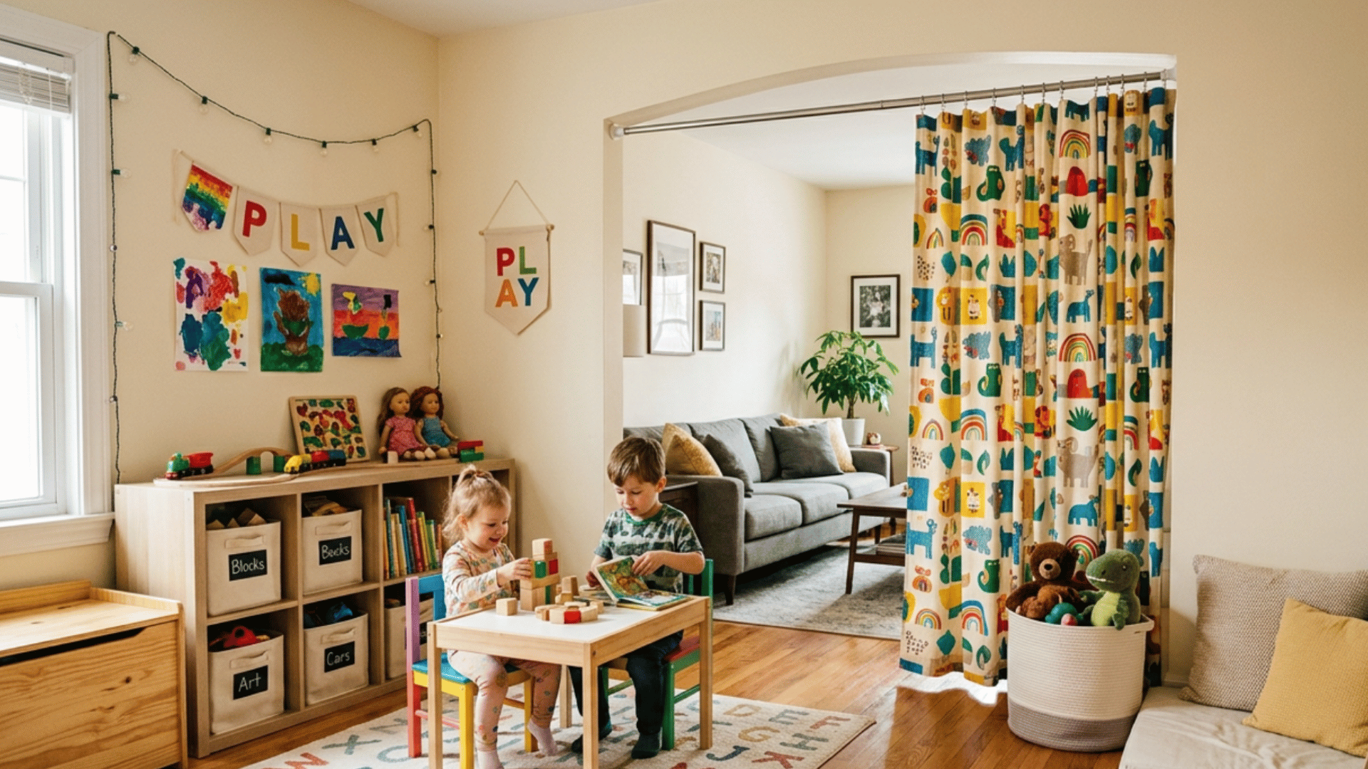 small playroom divided with curtain and tension rod, cozy toy area, and colorful organized decor