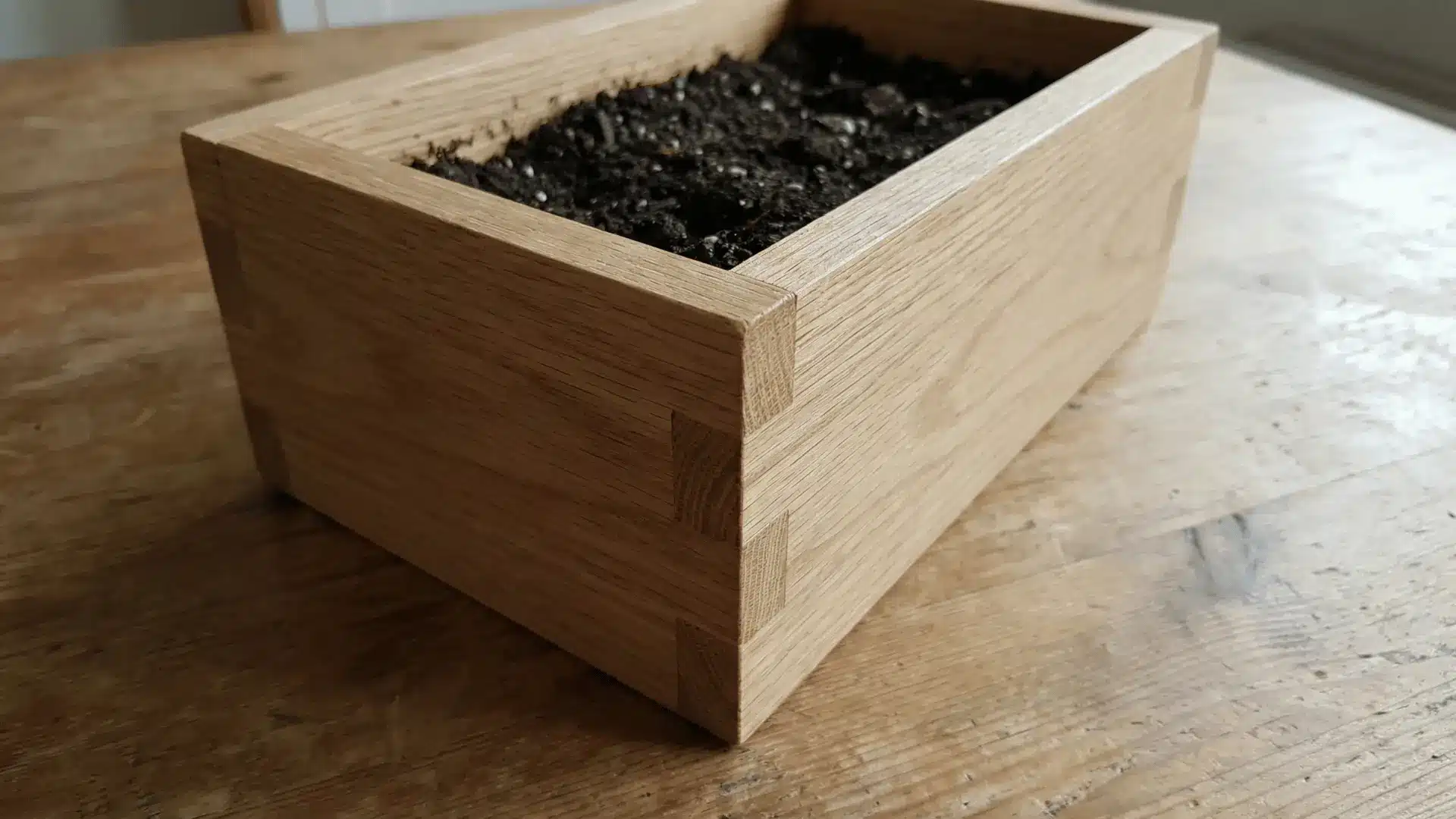 Small wooden plant box with soil inside showing joined panels and clean edges