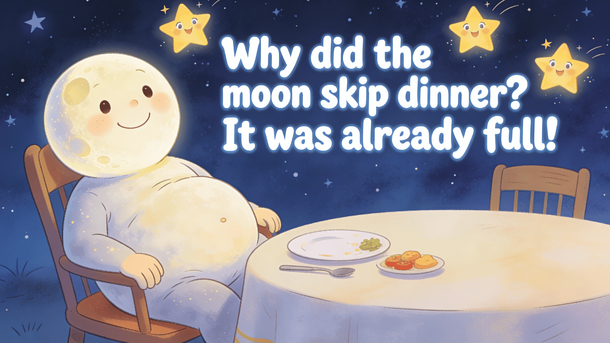 smiling moon character at dinner table with funny already full bedtime joke for kids