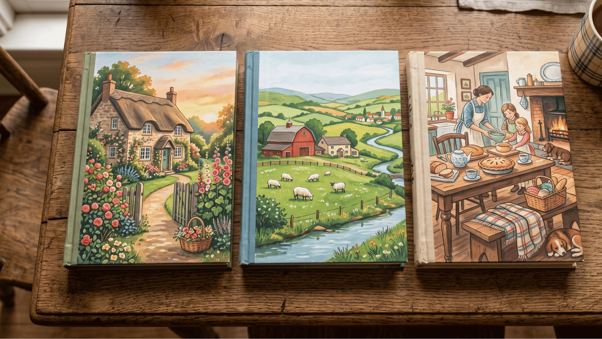 snack and story connection books with cottage and picnic-themed covers on a table