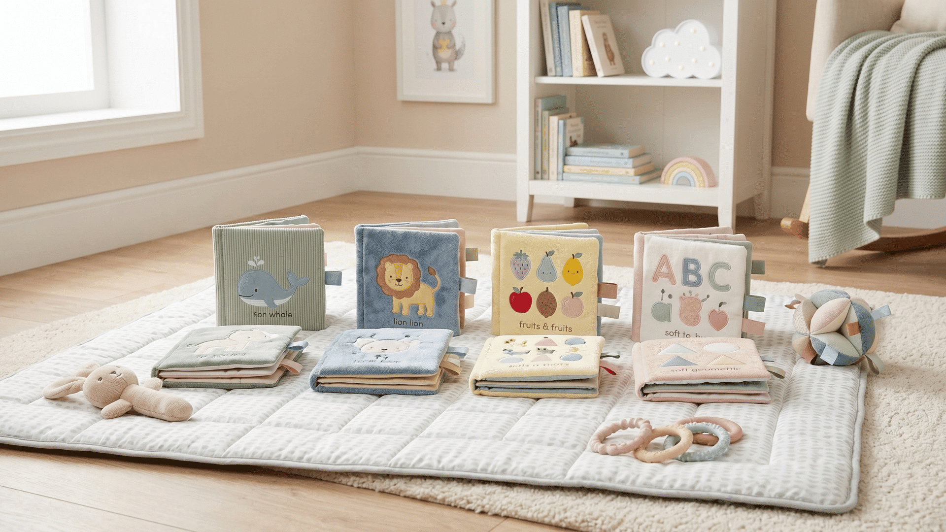 soft crinkle sensory books placed on a padded nursery play mat