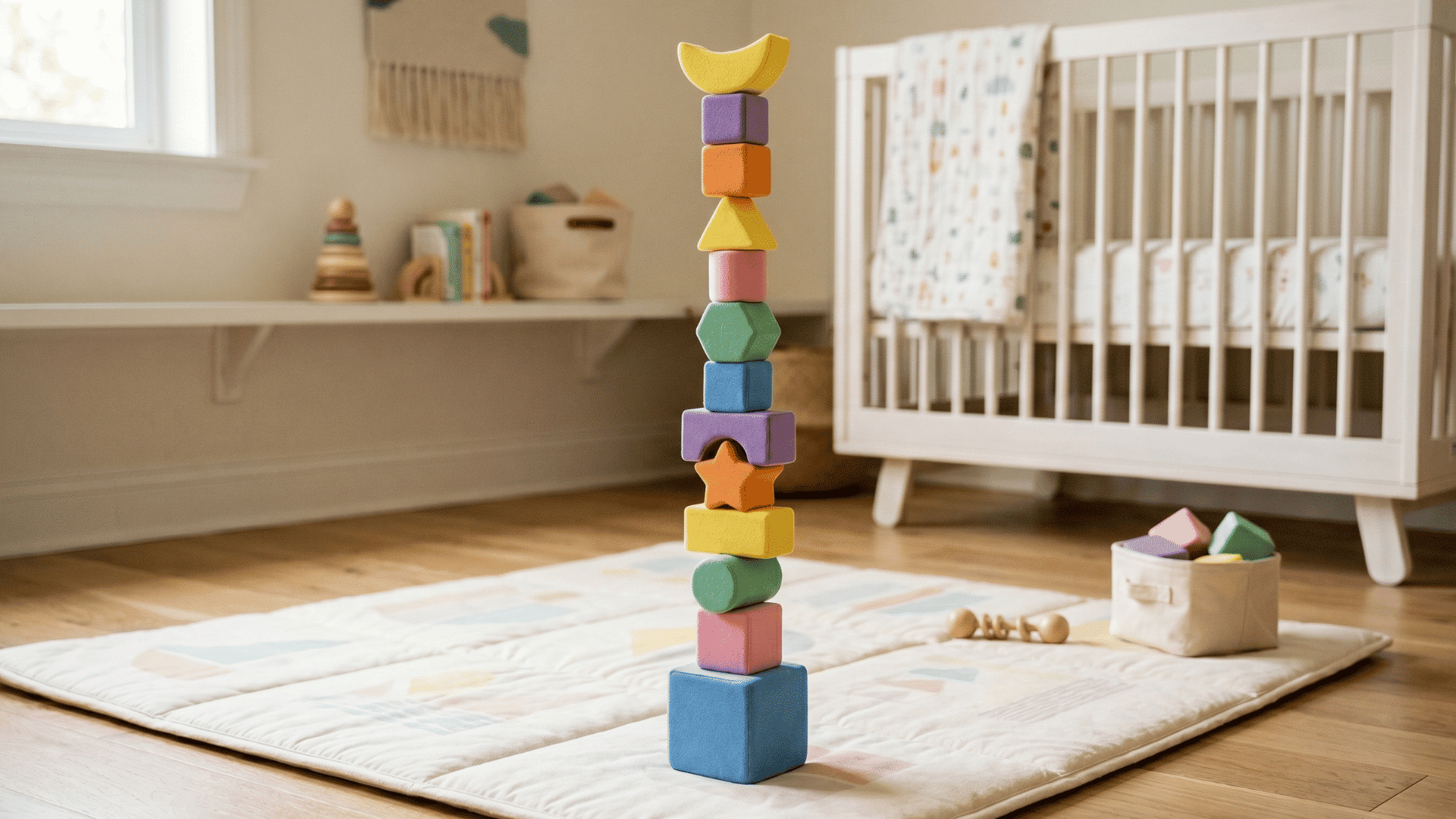 soft foam block tower stacked on a cozy padded nursery play rug