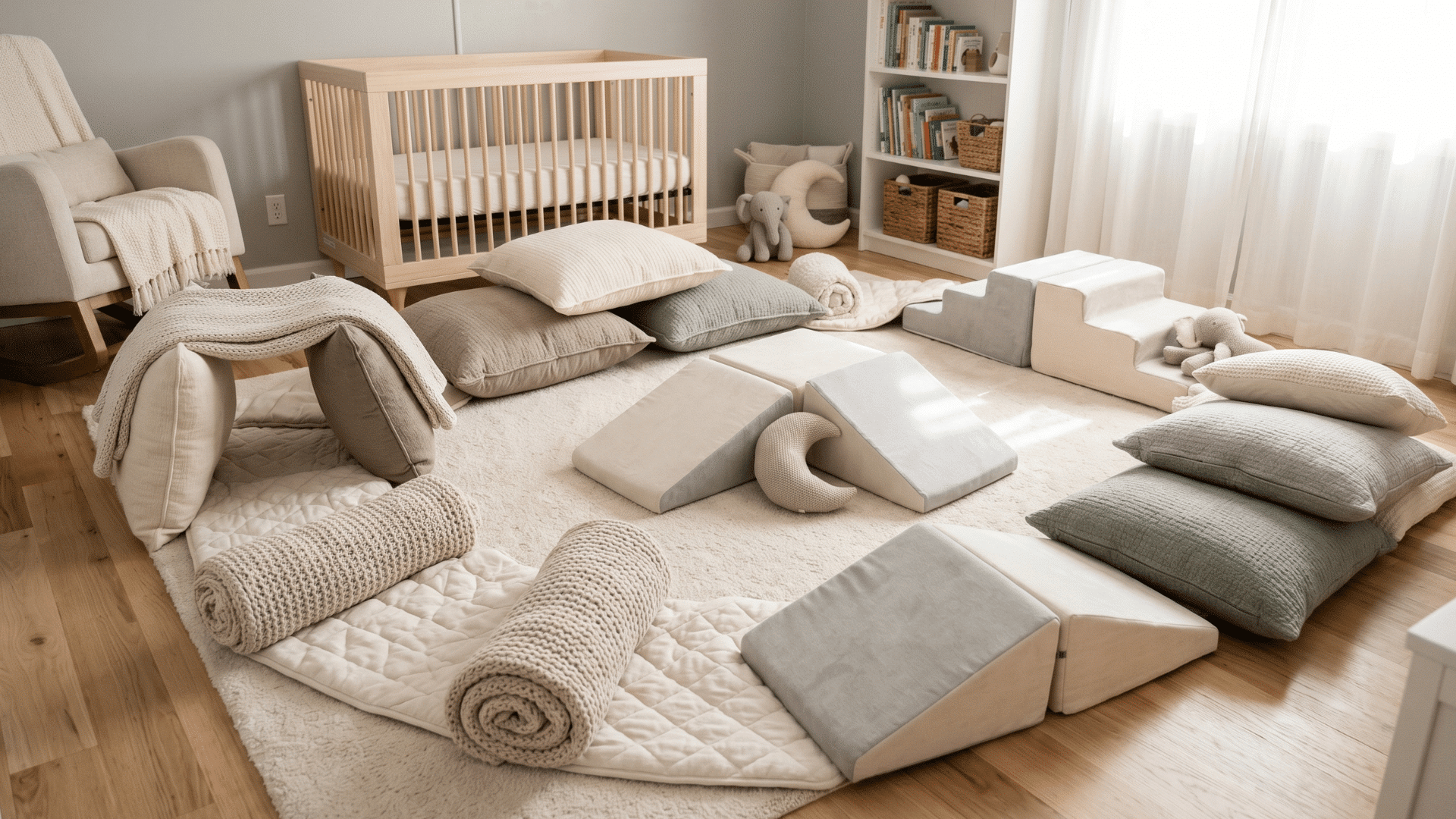 soft pillow obstacle course arranged across a padded nursery floor