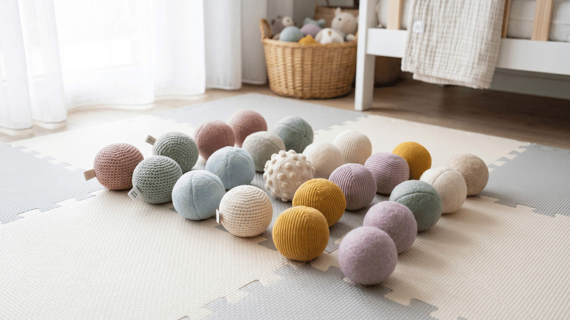 soft sensory balls arranged neatly on a padded nursery play mat