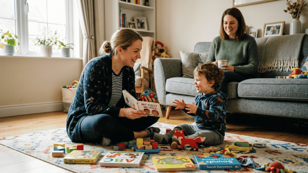 speech therapist helping a toddler improve communication skills at home using toys books and guided interaction