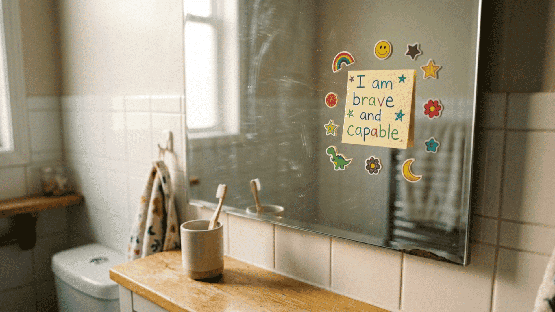 sticky note saying i am brave and capable placed on a bathroom mirror with colorful stickers and soft morning light