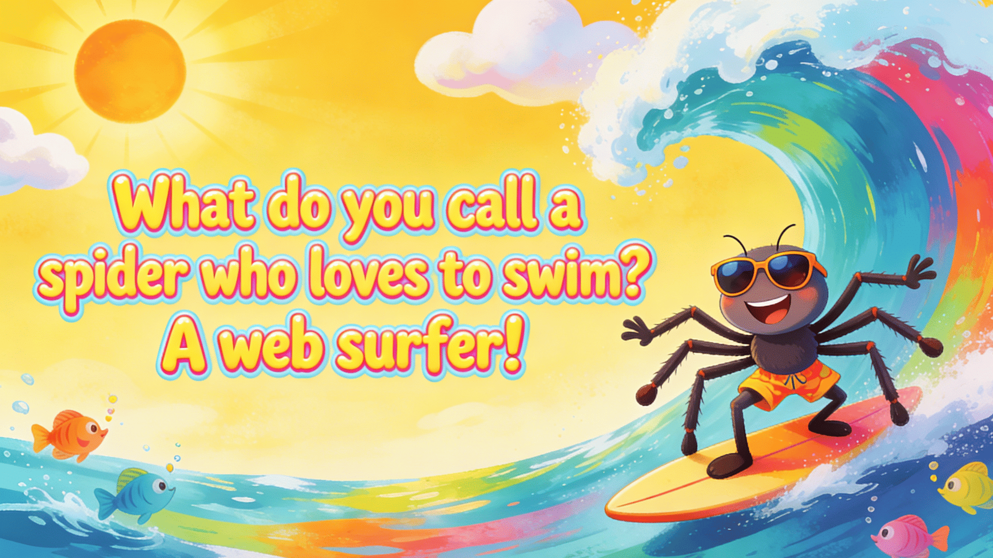 surfing spider wearing sunglasses riding ocean wave with funny web surfer joke