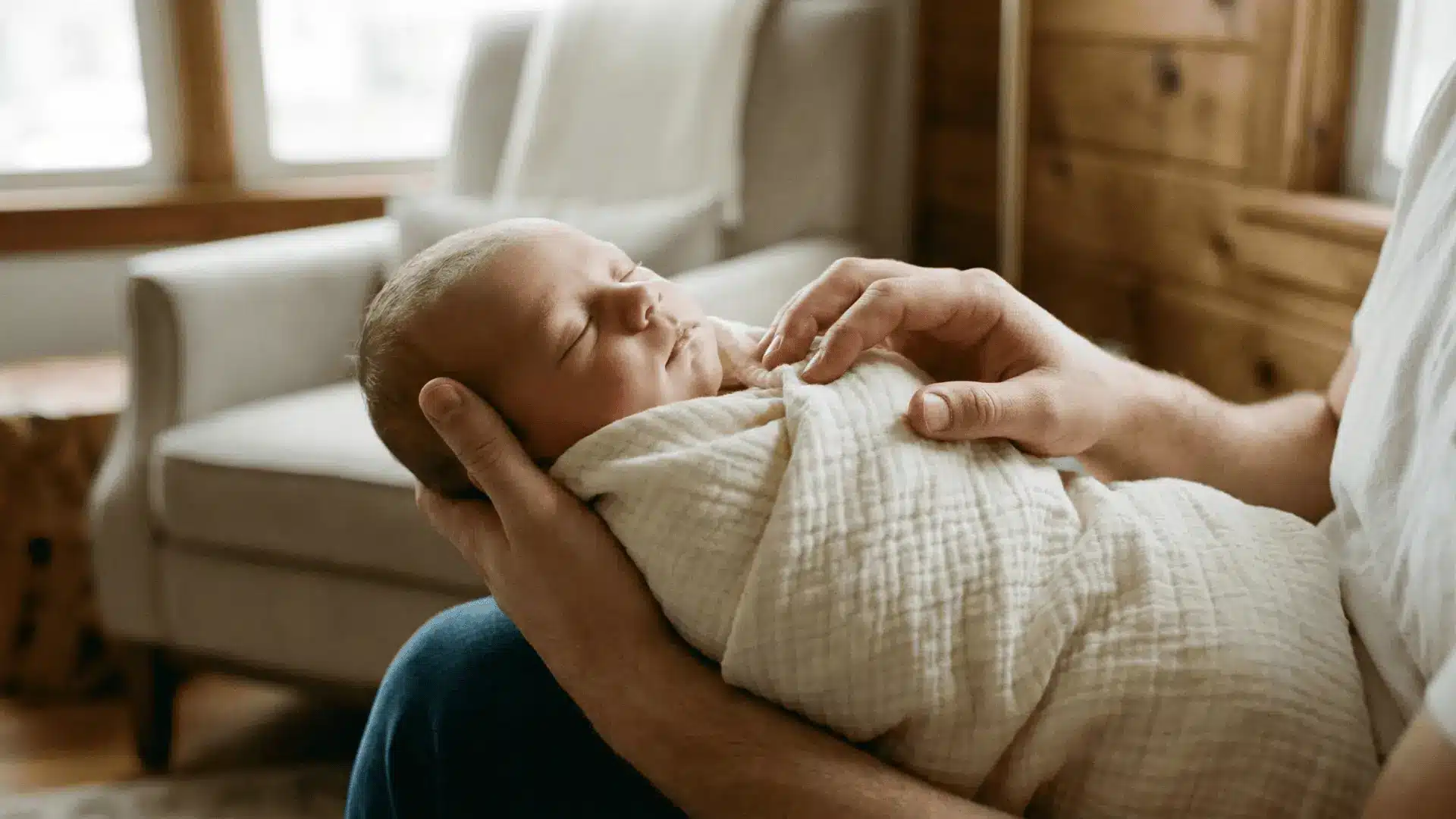 Swaddled newborn being gently held