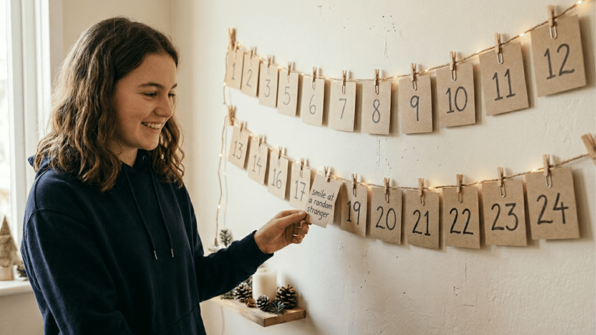 teen opening kindness-themed advent calendar with daily positive challenge cards and cozy holiday lights indoors