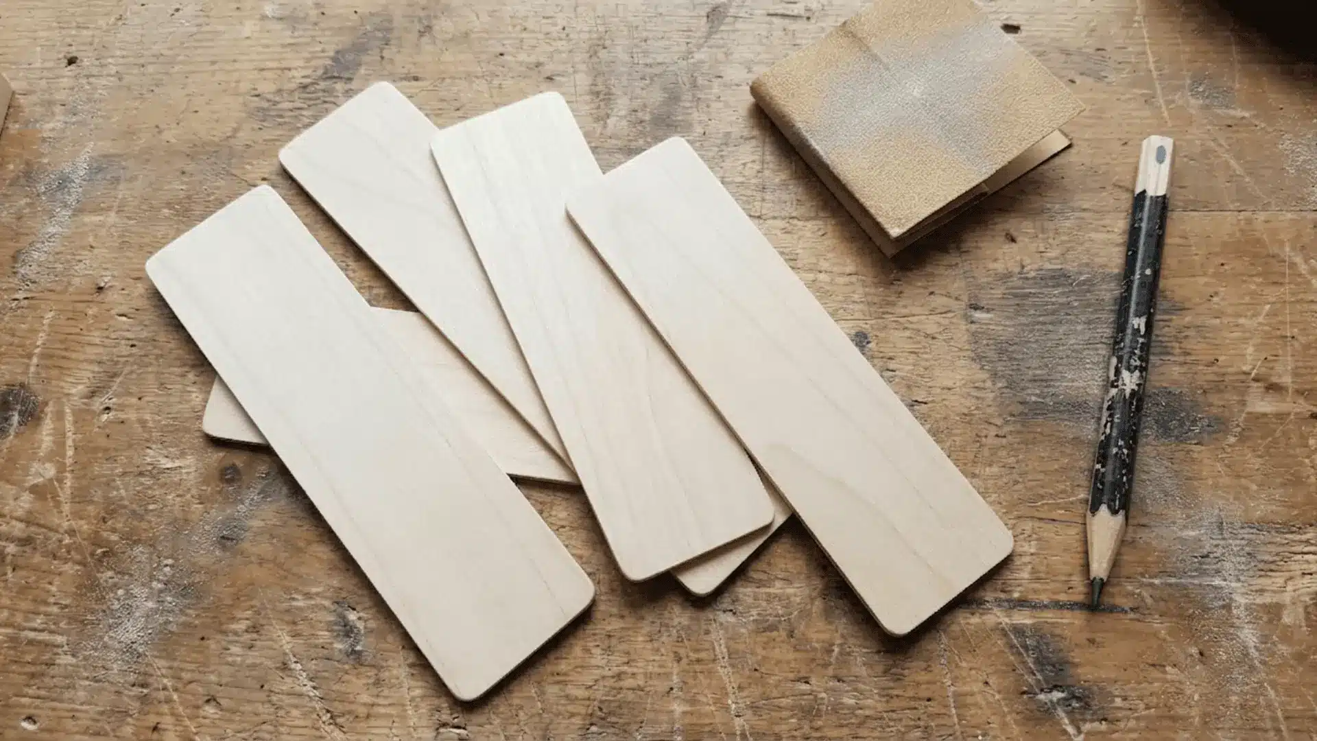 Thin wooden bookmarks with smooth edges placed on a wooden surface with sandpaper nearby