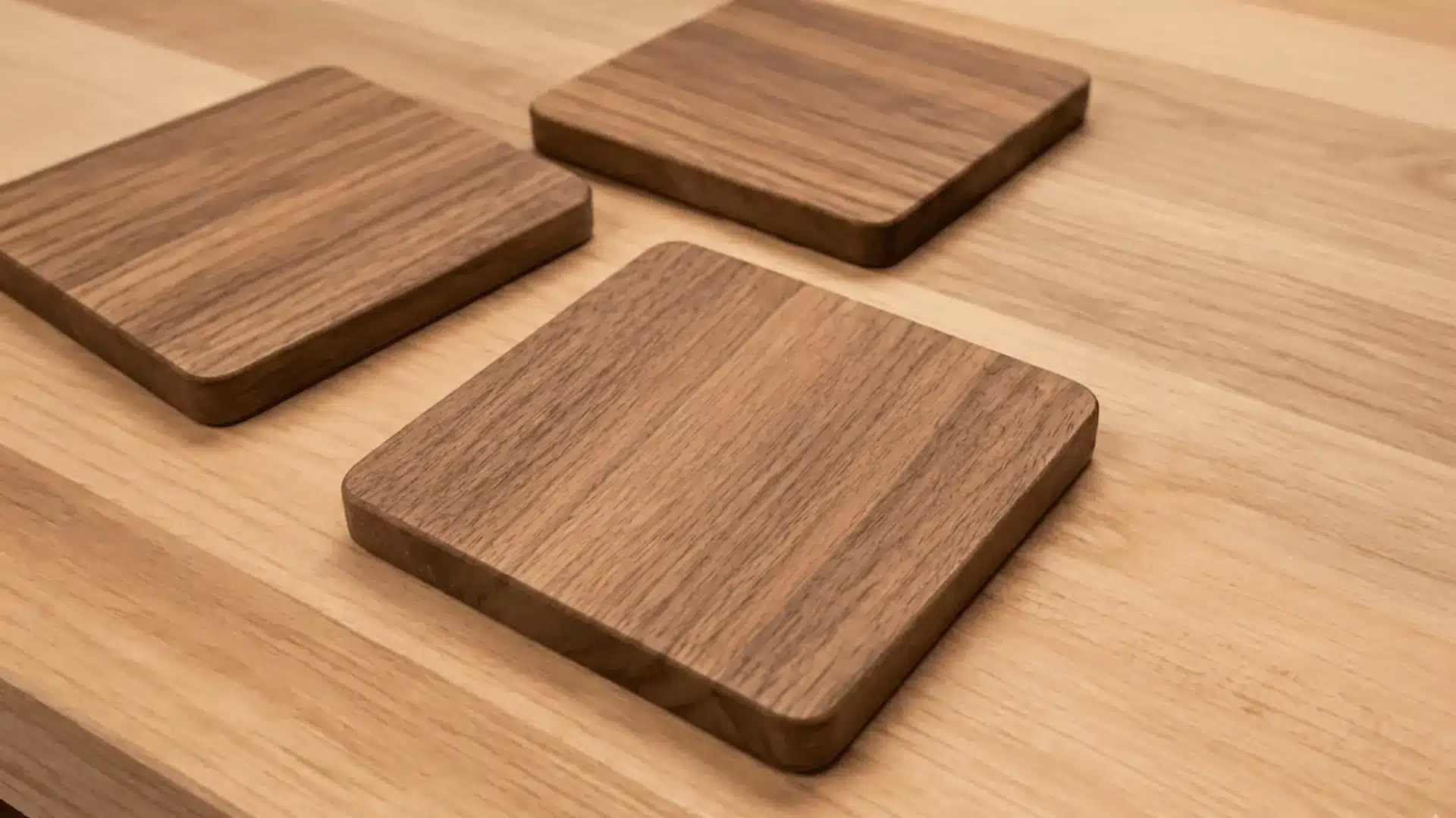 Three smooth wooden coasters with rounded edges resting on a light wooden work surface