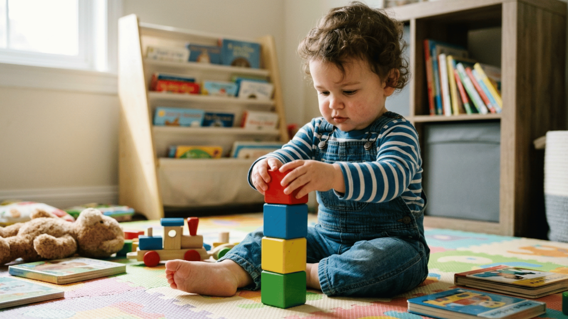 toddler aged 1 to 2 years stacking colorful blocks on play mat while developing motor and learning skills