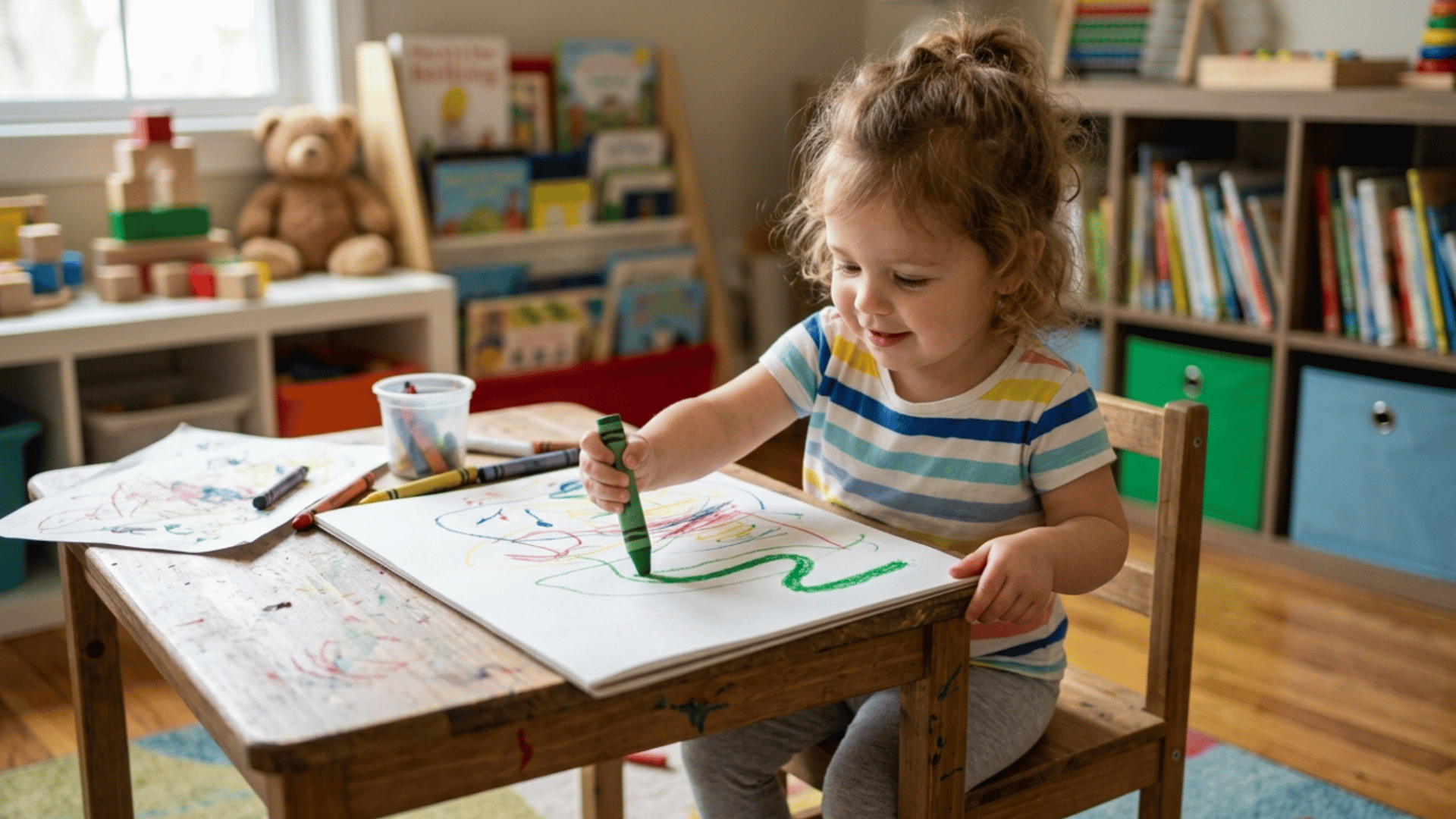 toddler aged 2 to 3 years drawing with crayons at table during creative learning and playtime activities