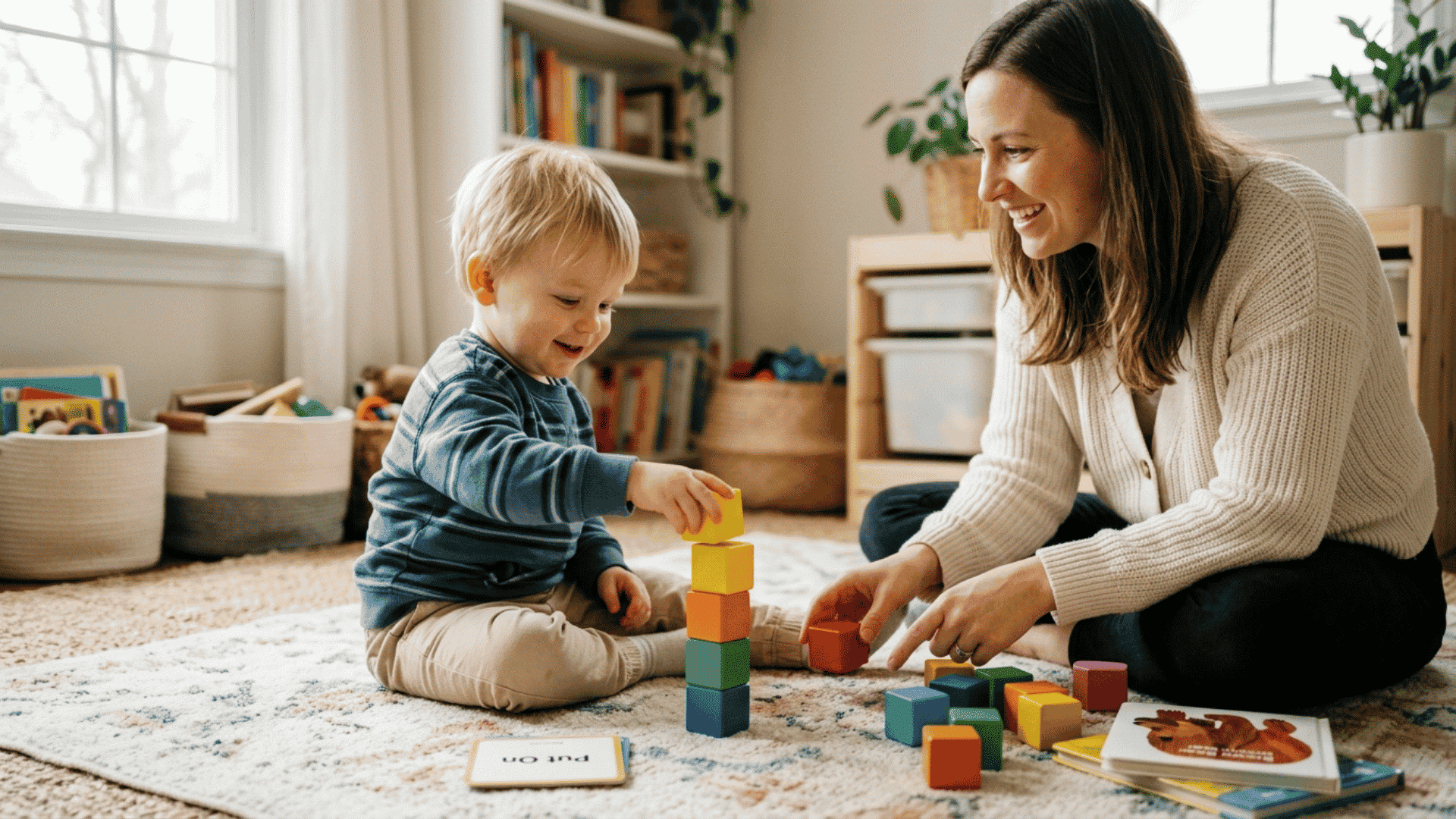 toddler following simple instructions with blocks during guided speech activities at home