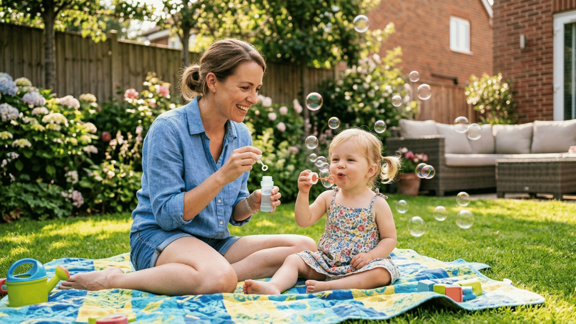 toddler practicing mouth movements through bubble blowing speech activities with a parent