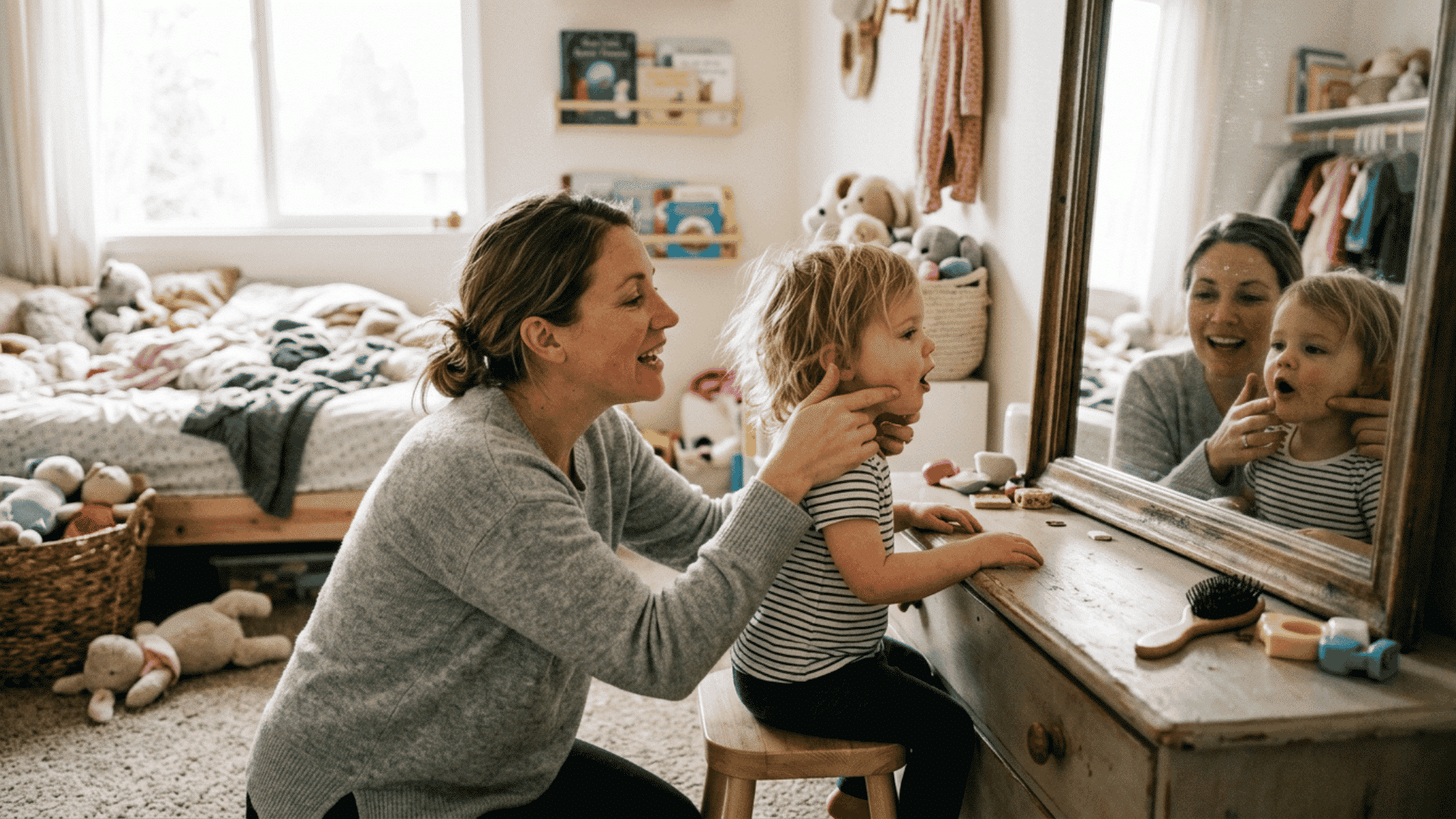 toddler practicing speech sounds in front of a mirror with parent guidance during home activities