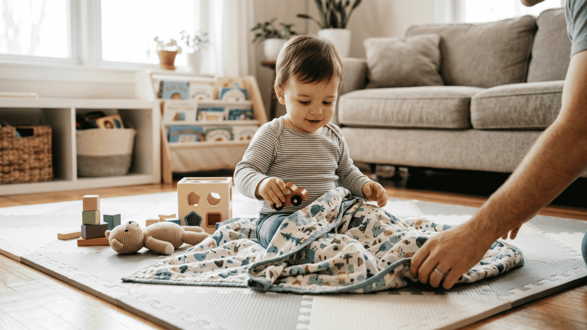 toddler sitting on floor mat playing with toys and blanket under and over legs with parent hands nearby in home setting