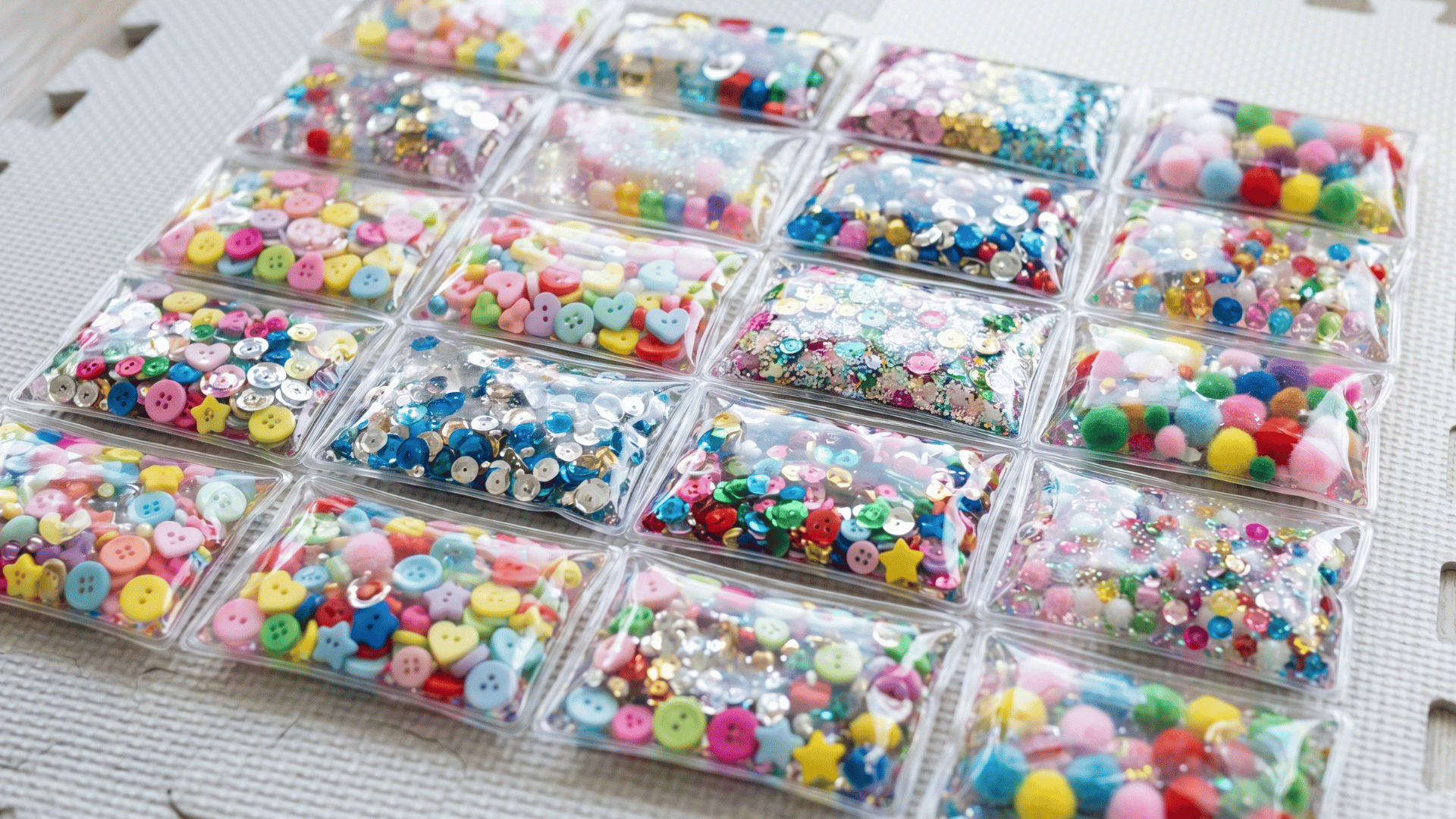 transparent gel sensory bags filled with colorful beads and sequins