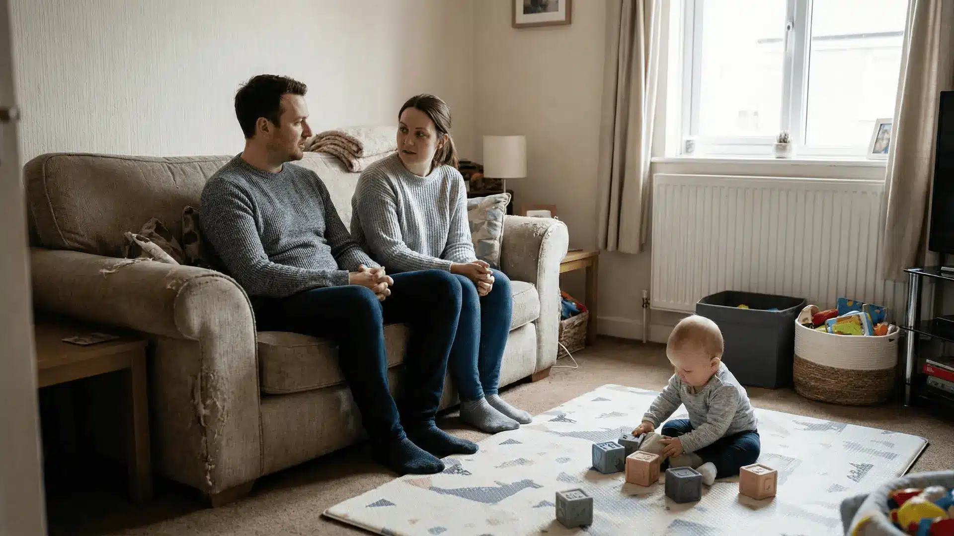 Two adults sitting and talking with newborn nearby