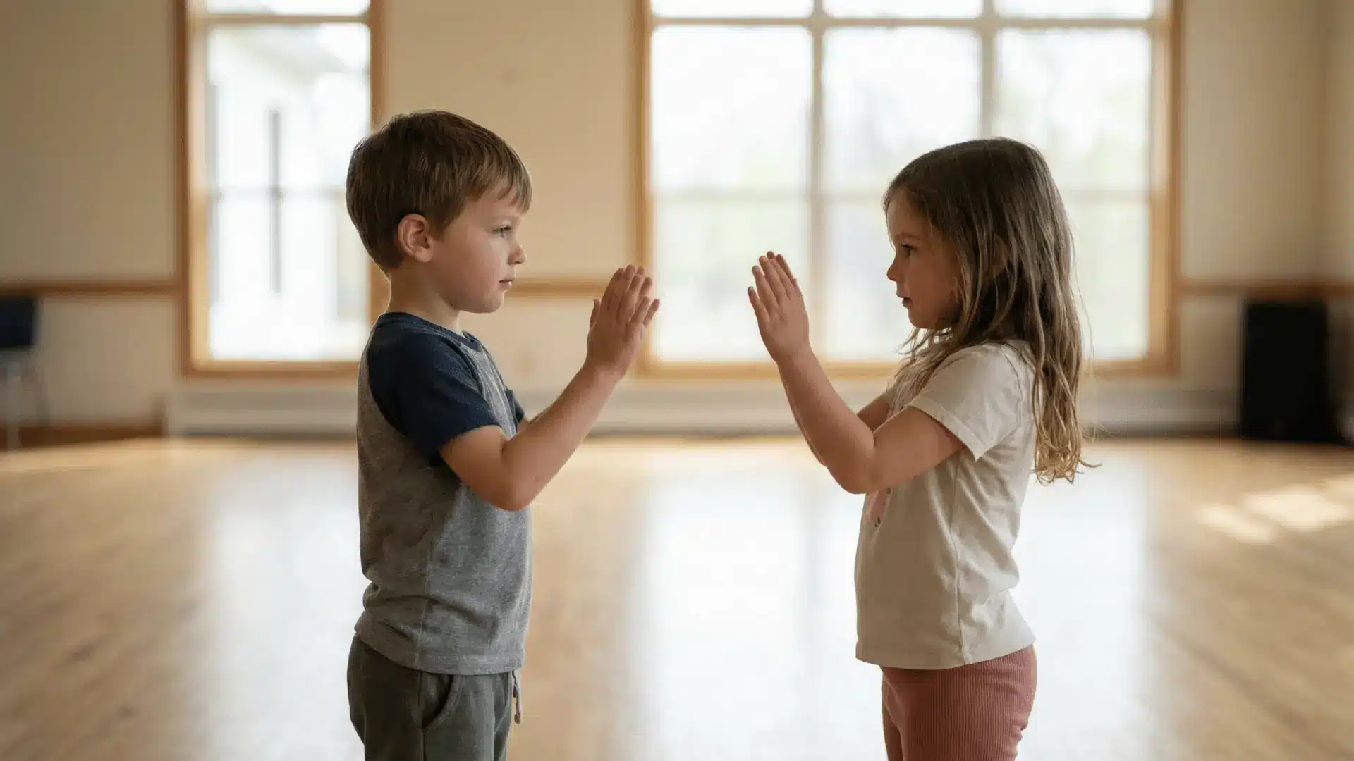 Two children facing each other copying movements