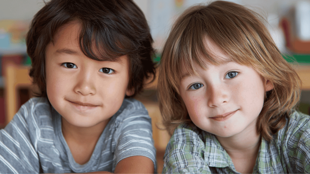two smiling children sitting together at a homeschool study table inside a bright family home