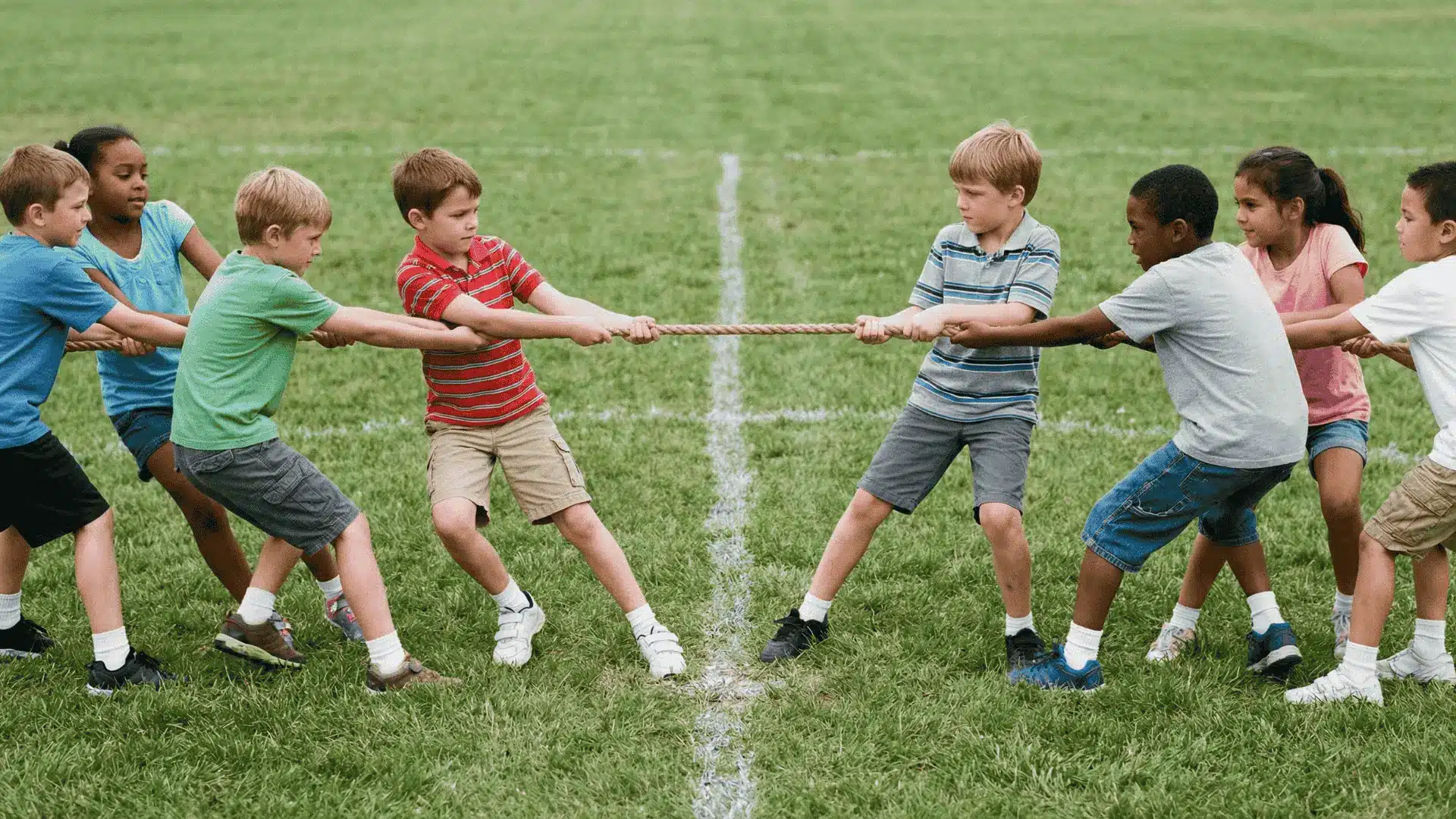 Two teams of children pulling a rope across a marked center line