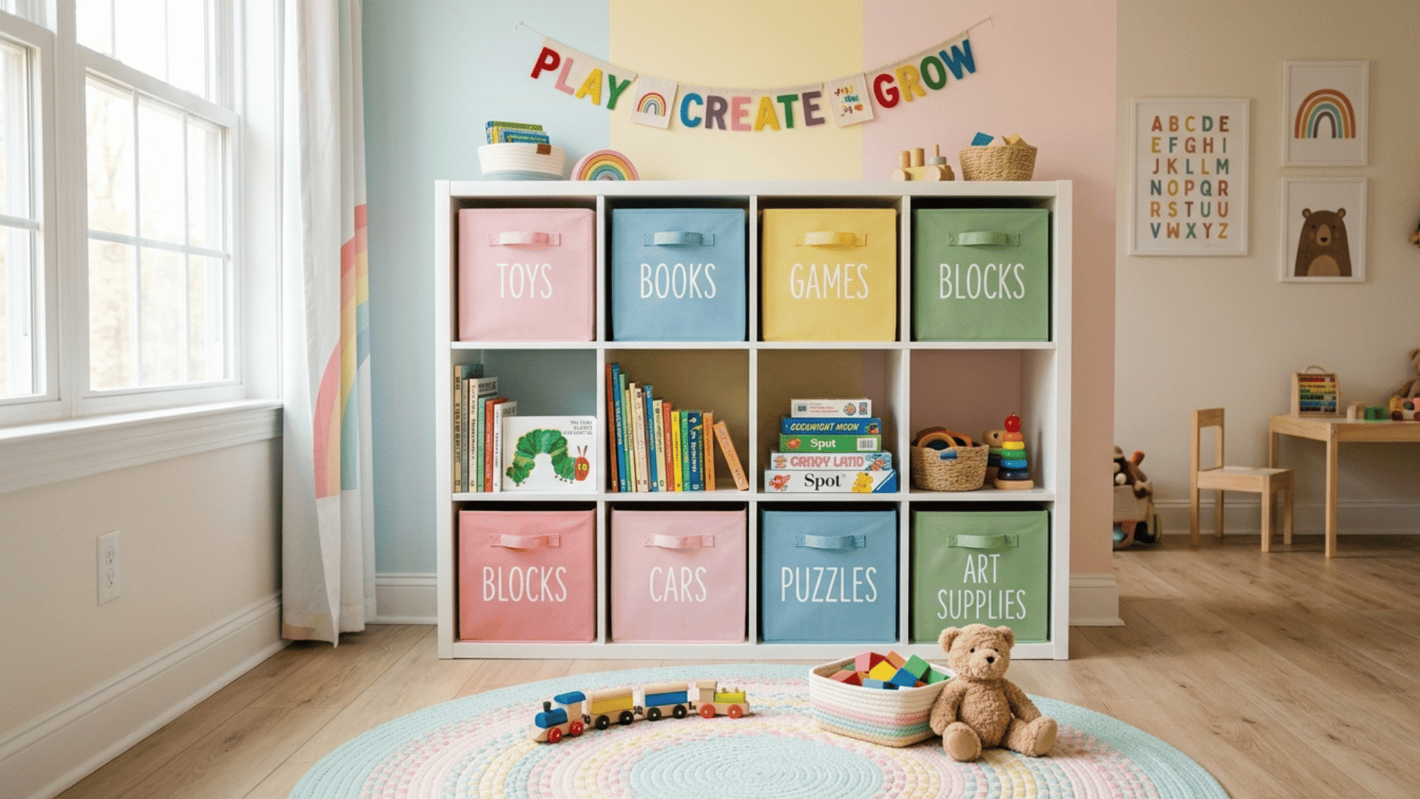 white cube storage shelves with colorful fabric bins organizing toys and books in a bright kids playroom