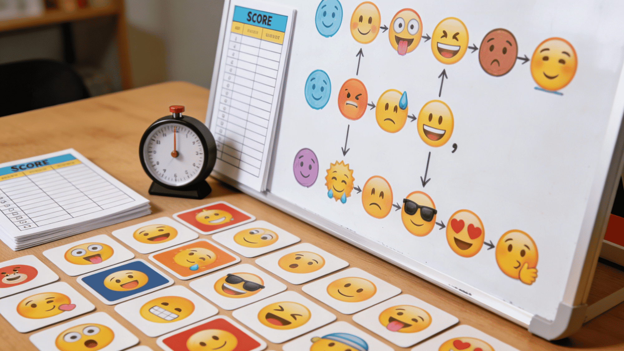 whiteboard with colorful emoji combinations for plot guessing beside a timer score sheets and printed emoji cards on table
