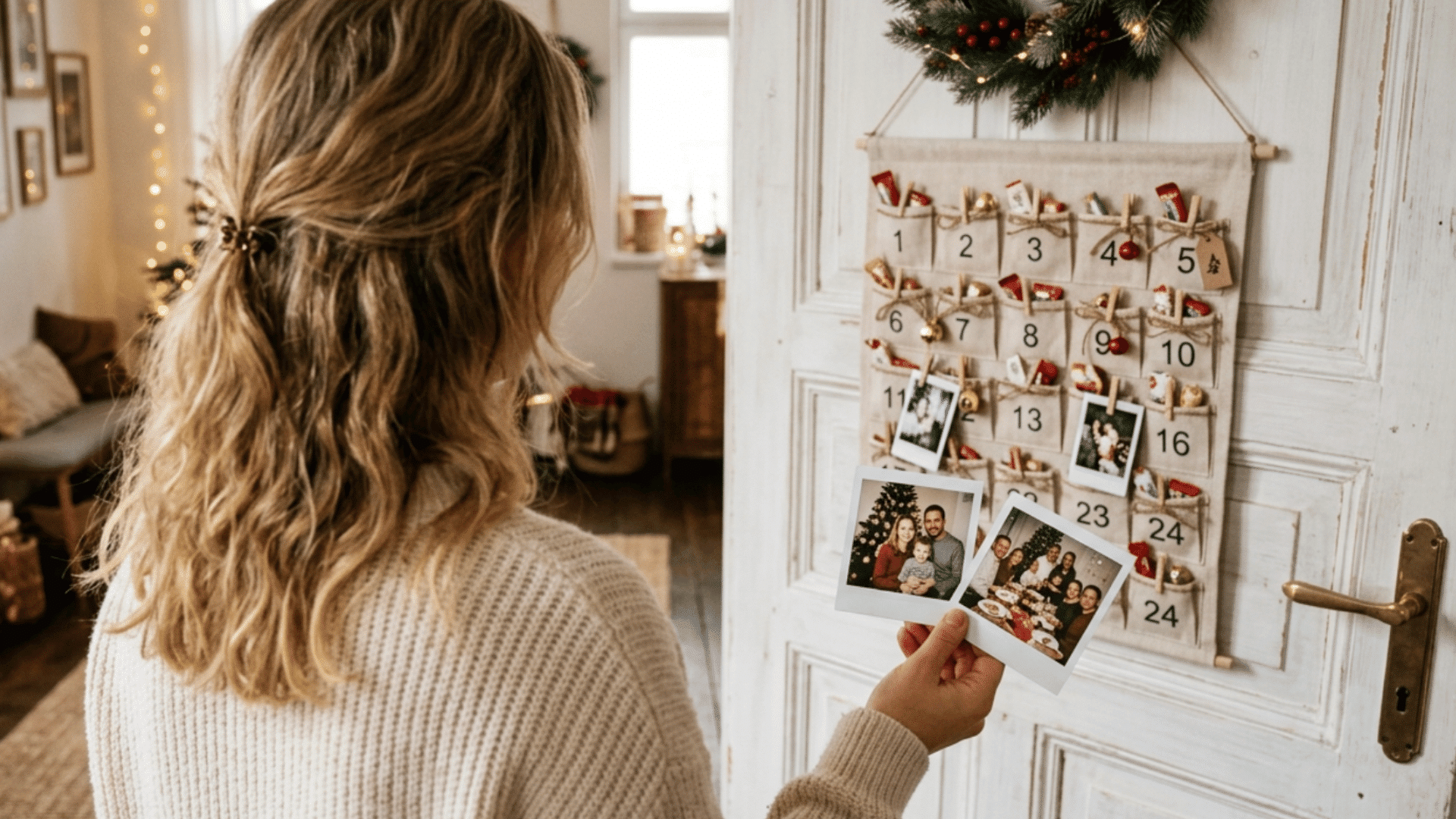 woman holding family photos beside memory-themed advent calendar with cozy christmas lights and festive home decor