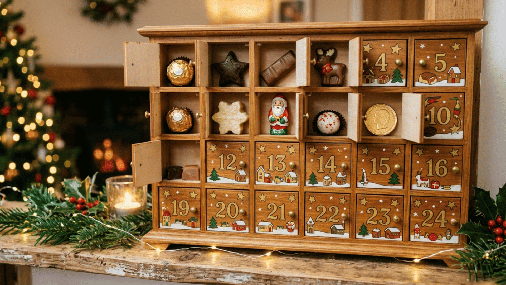 wooden advent calendar with chocolates, festive drawers, christmas lights, and cozy holiday home decor indoors