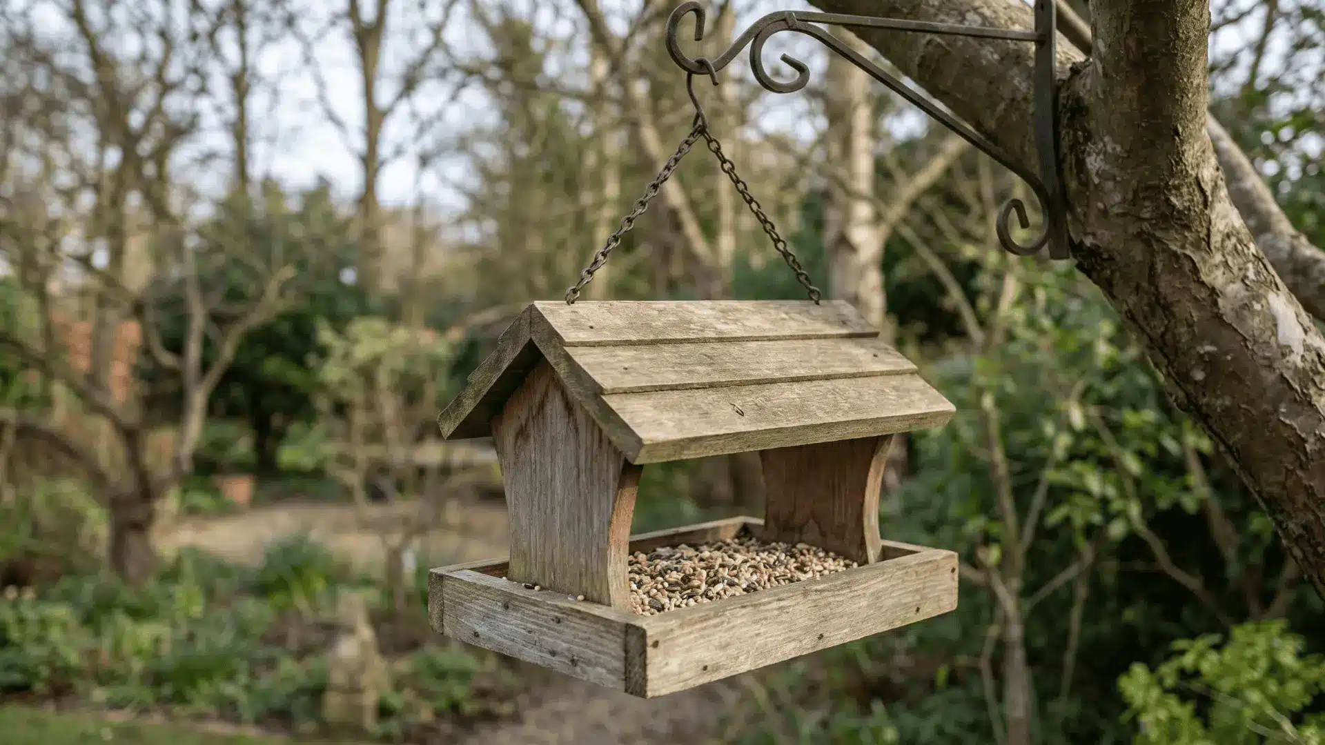 wooden bird feeder with roof and seed tray hanging outdoors from a hook