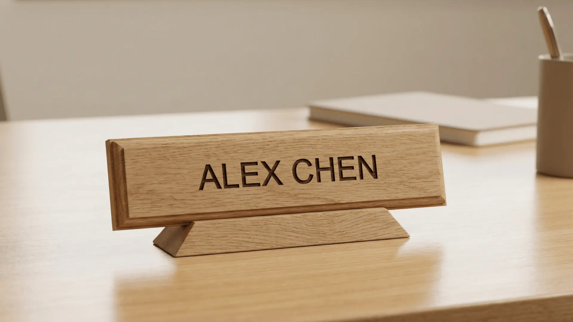 Wooden desk name plate with engraved name text and angled base on an office desk