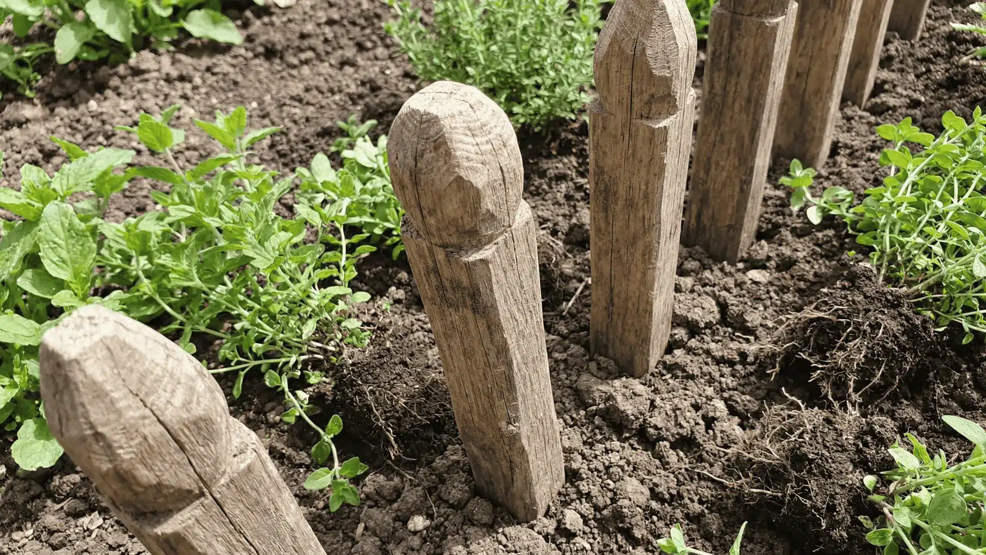 Wooden garden marker stakes placed upright in soil among small plants