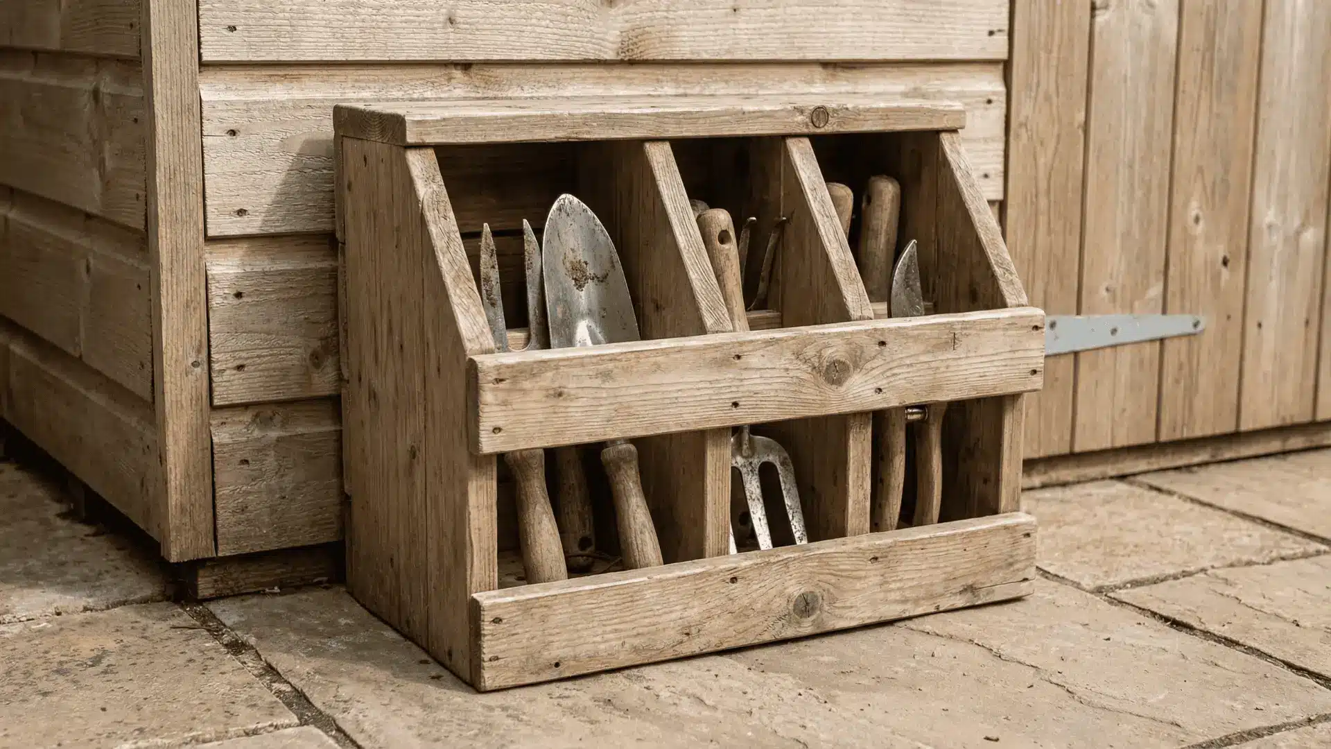 Wooden garden tool holder with divided compartments holding small hand tools outdoors