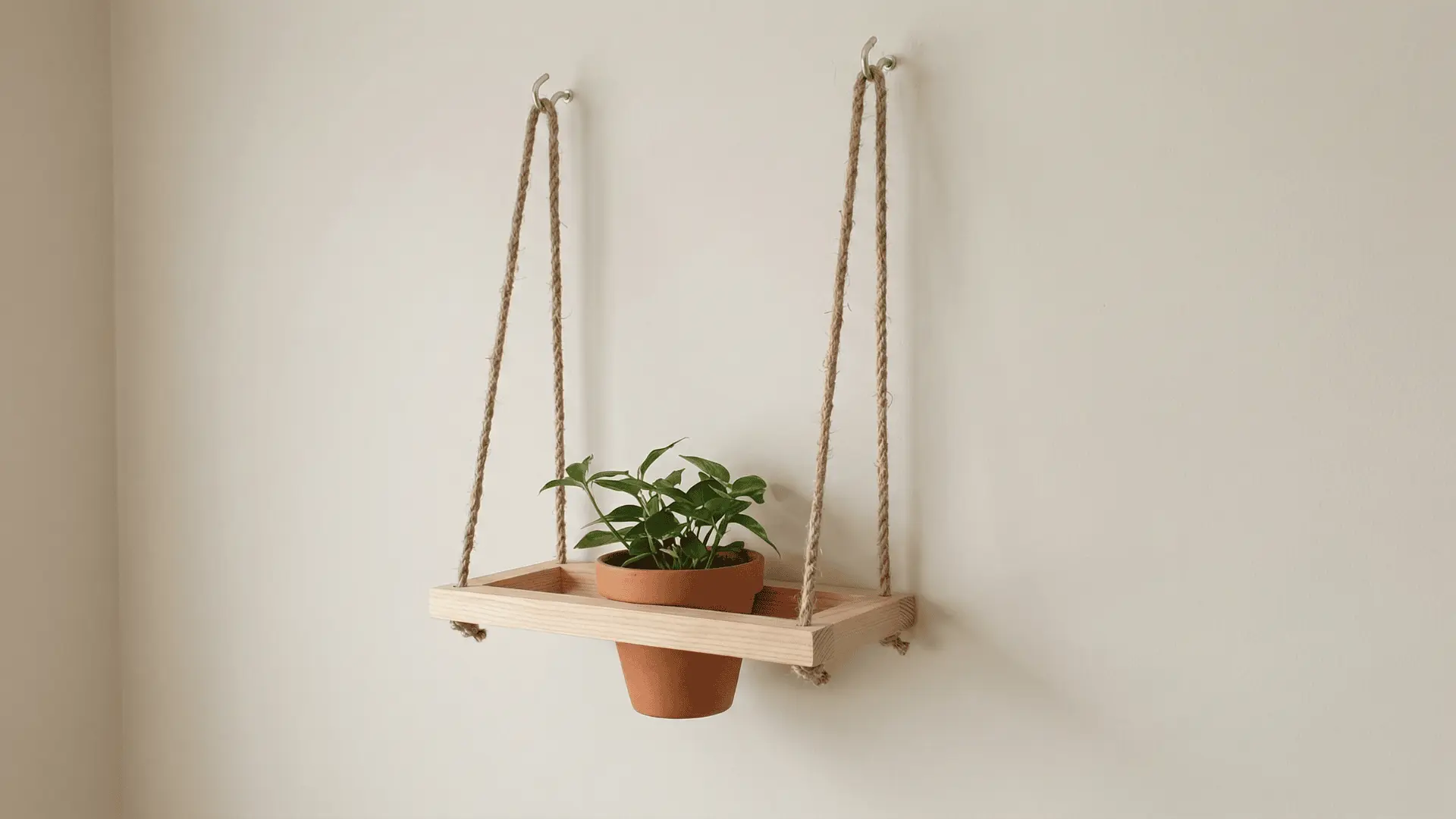 Wooden hanging plant holder suspended by rope holding a small planter against a wall