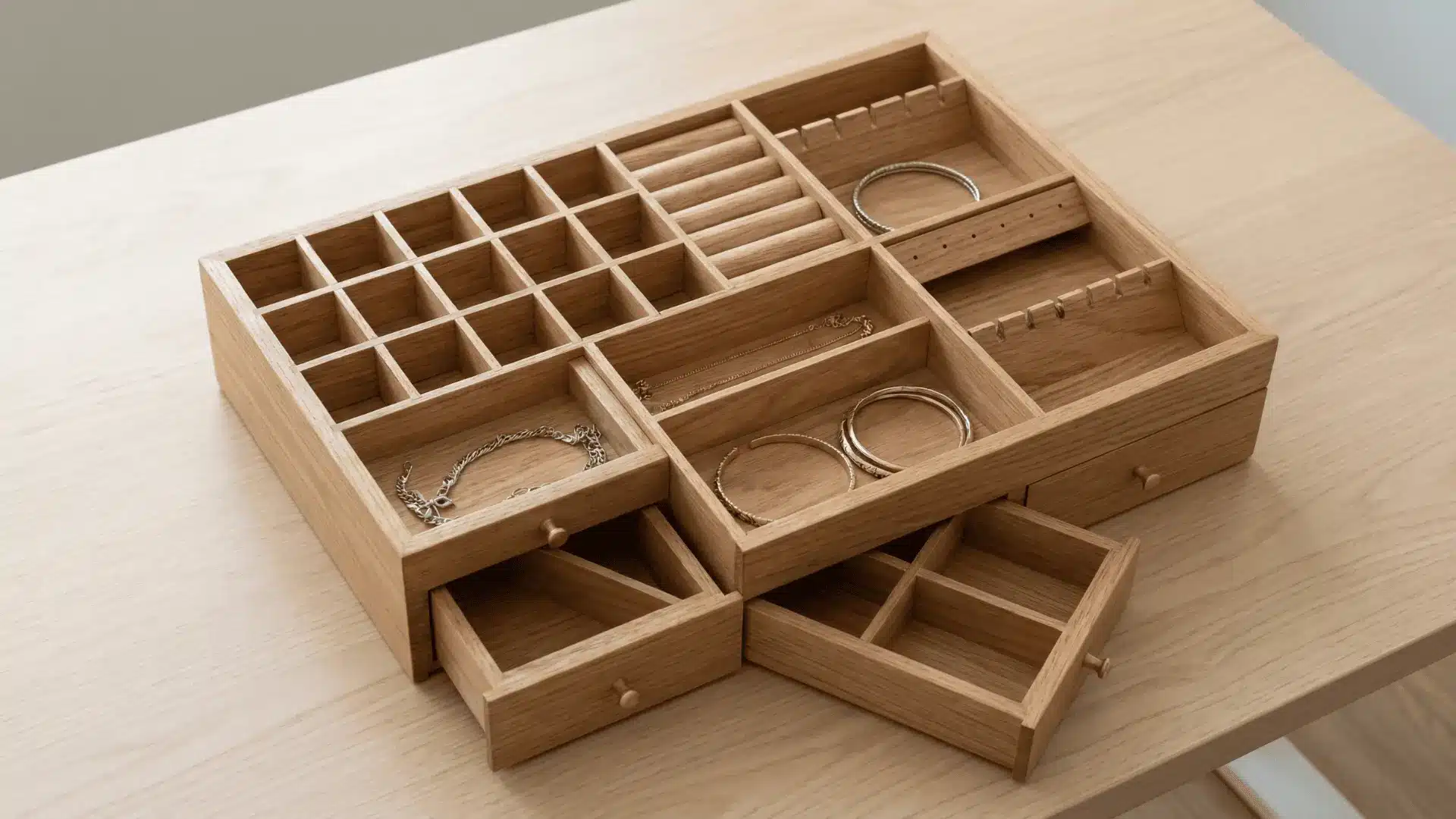 Wooden jewelry organizer with multiple compartments and dividers placed on a flat surface