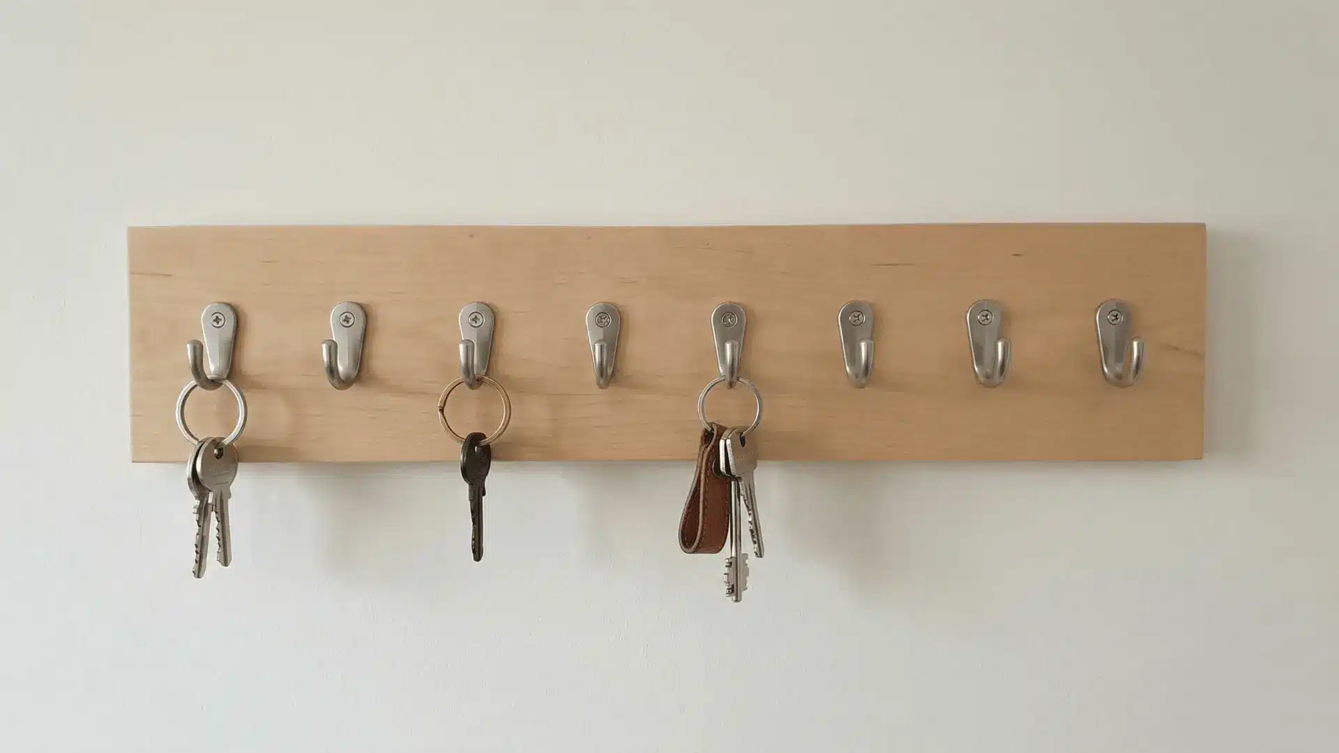 Wooden key holder with evenly spaced hooks mounted on a wall holding several keys
