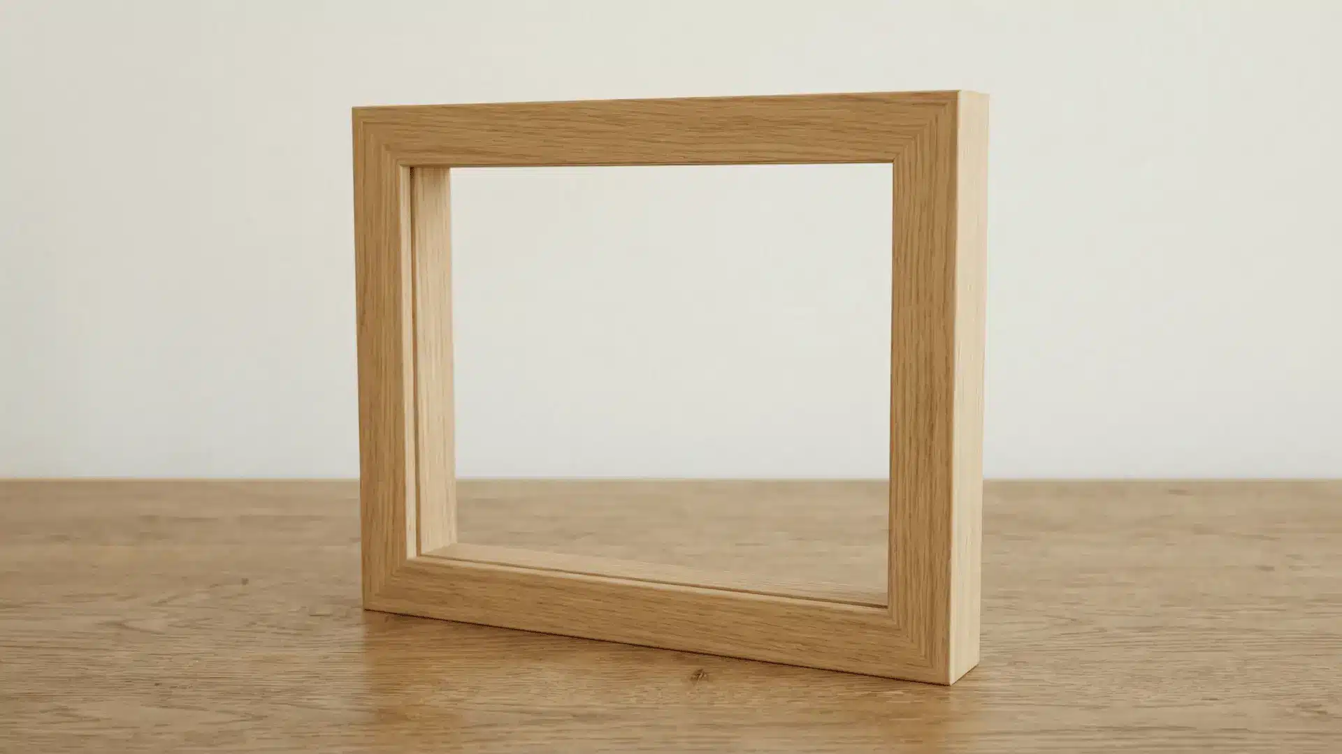 Wooden picture frame with aligned corners placed on a flat surface without artwork