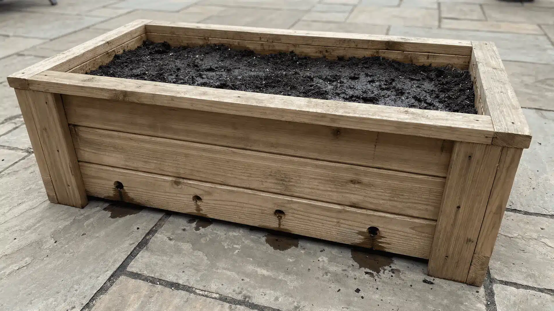Wooden planter box with drainage holes and aligned panels placed outdoors with soil inside