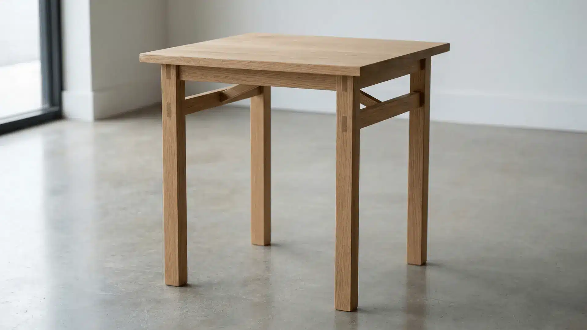 Wooden side table with four aligned legs placed on a flat indoor floor