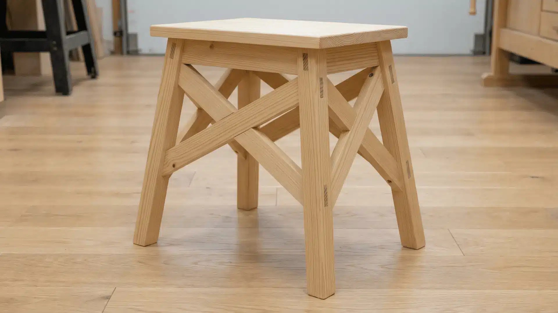 Wooden step stool with four legs and side supports placed on a flat indoor floor