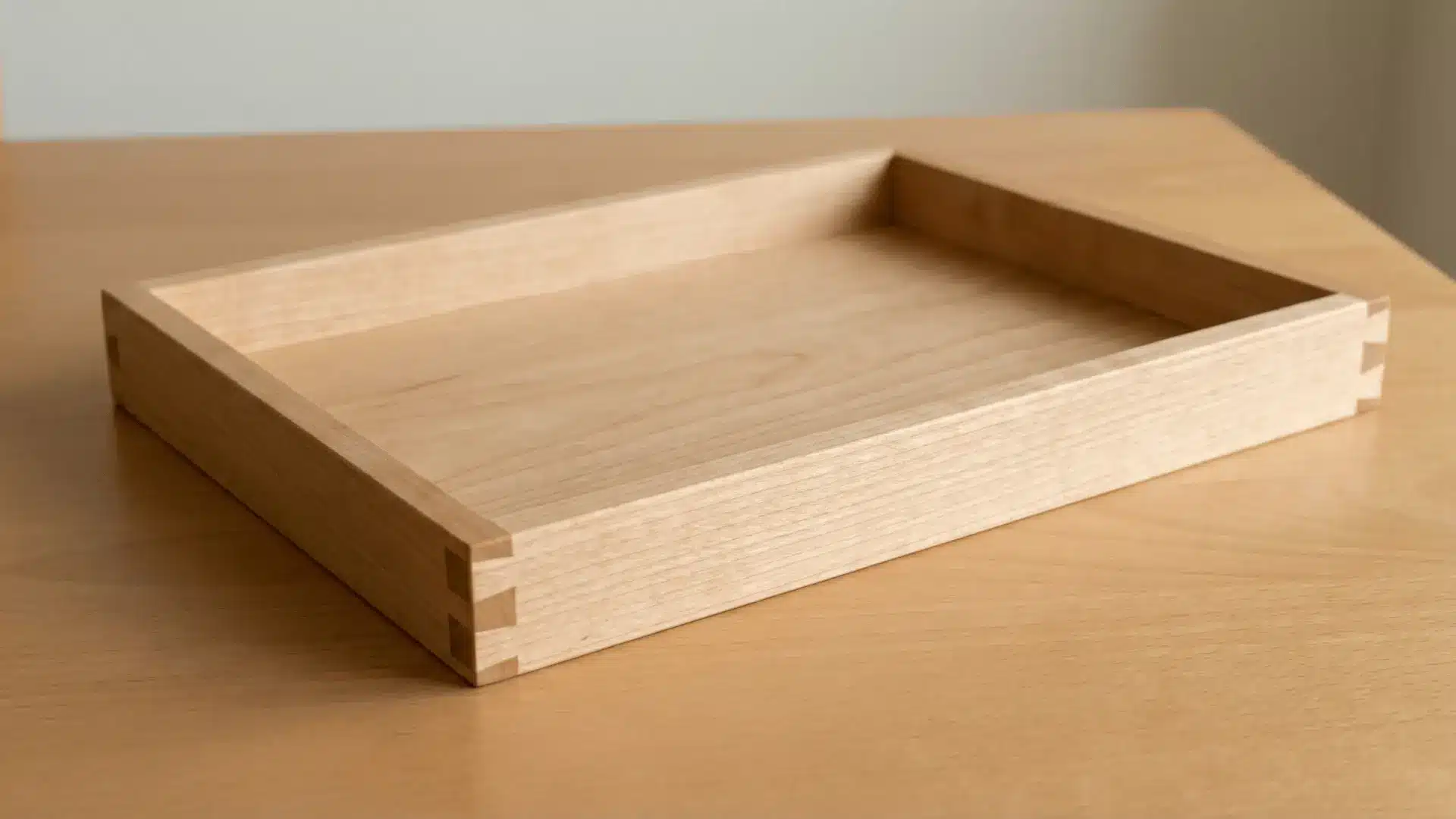 Wooden tray with raised edges and aligned corners placed on a flat tabletop