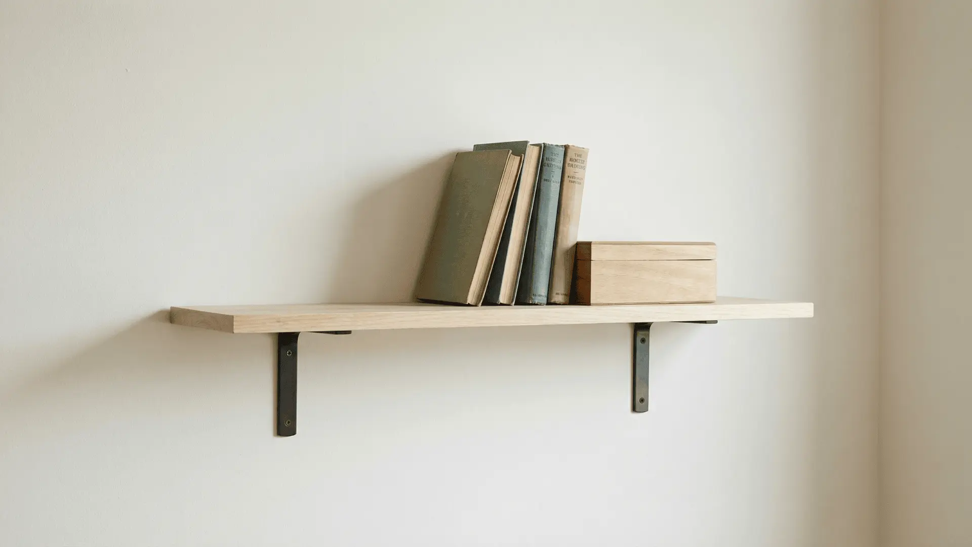Wooden wall shelf mounted with brackets holding books and small items on a plain wall