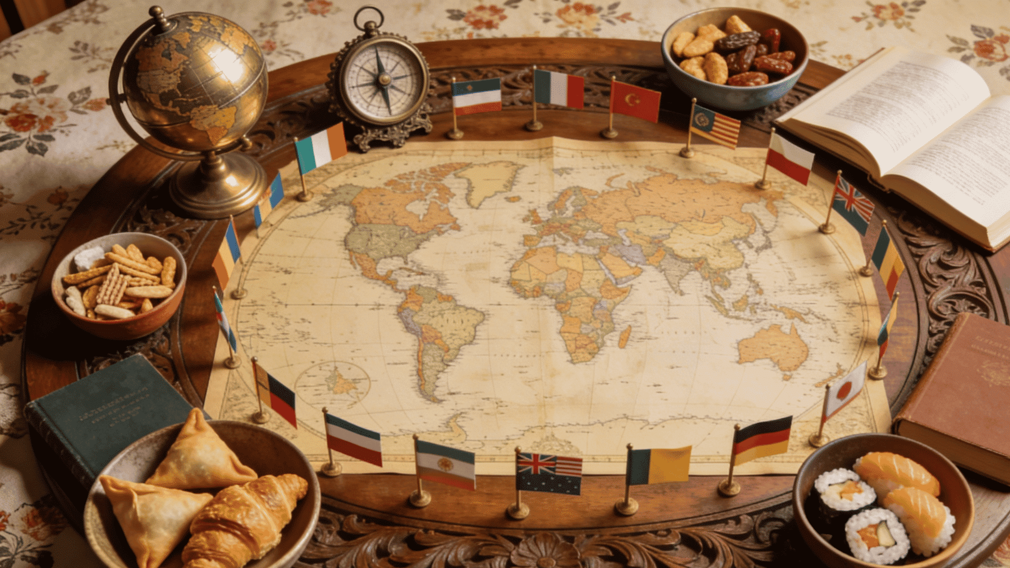 world themed reading table with vintage map country flags travel décor international snacks and open books in warm light