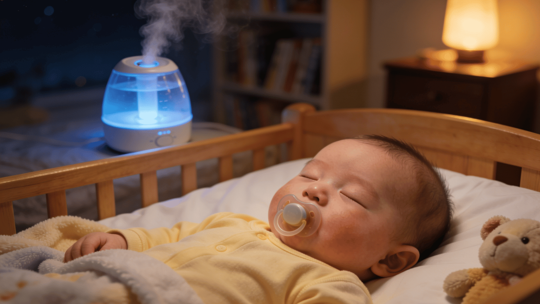 a baby sleeping in his crib, humidifier in the background in a safe cozy home environment