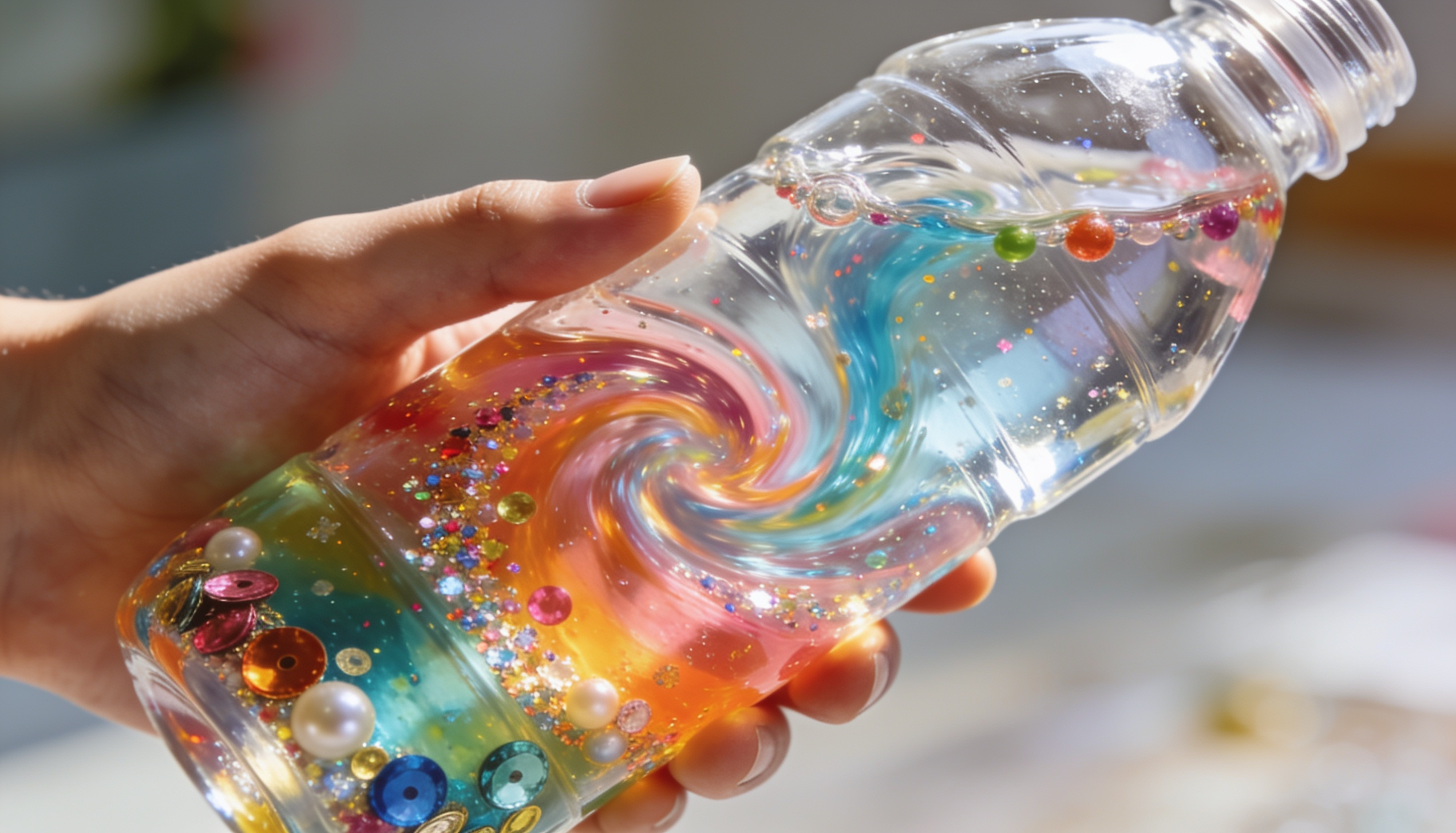 a diy sensory bottle filled with swirling glitter, colorful beads, sequins, and gems